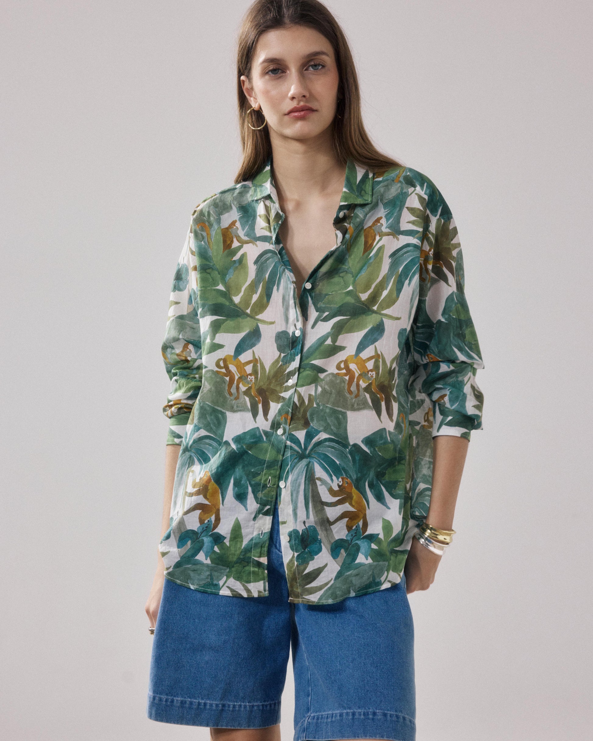 Chemise Femme en Coton Imprimé Blanc & Vert Charlot