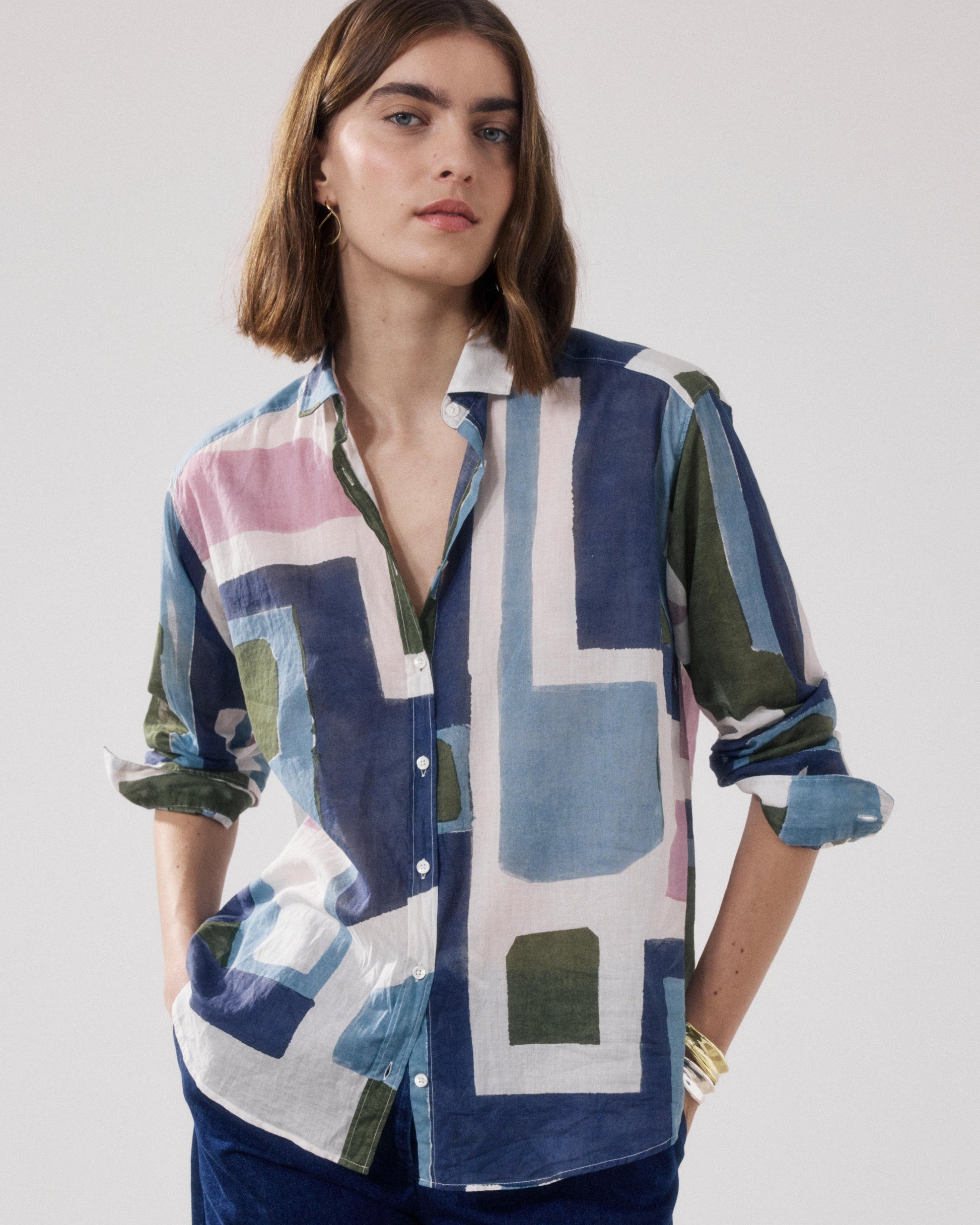 Chemise Femme en Coton Imprimé Blanc & Bleu & Beige Charlot
