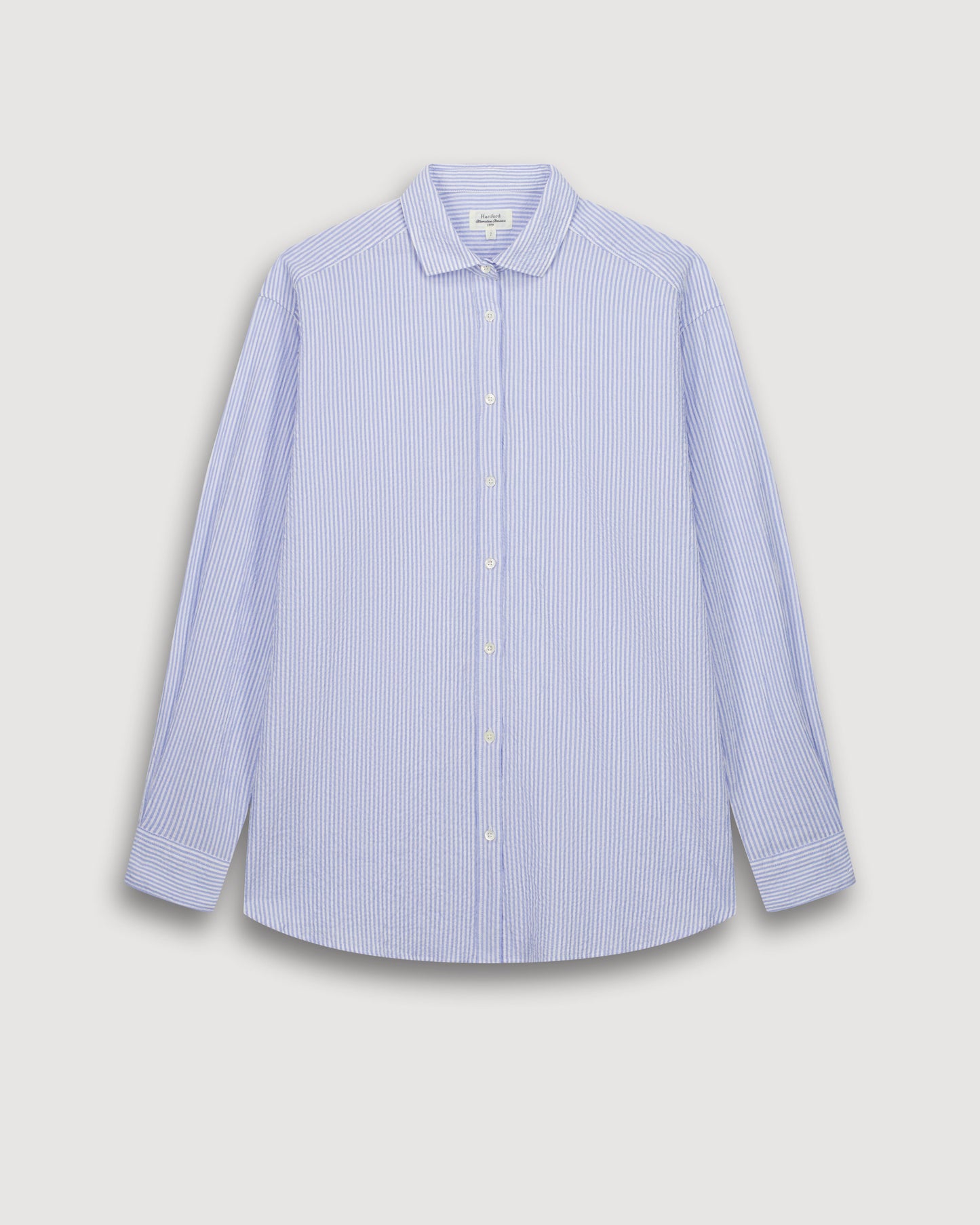 Camicia da donna in cotone seersucker bianco e blu Charlot