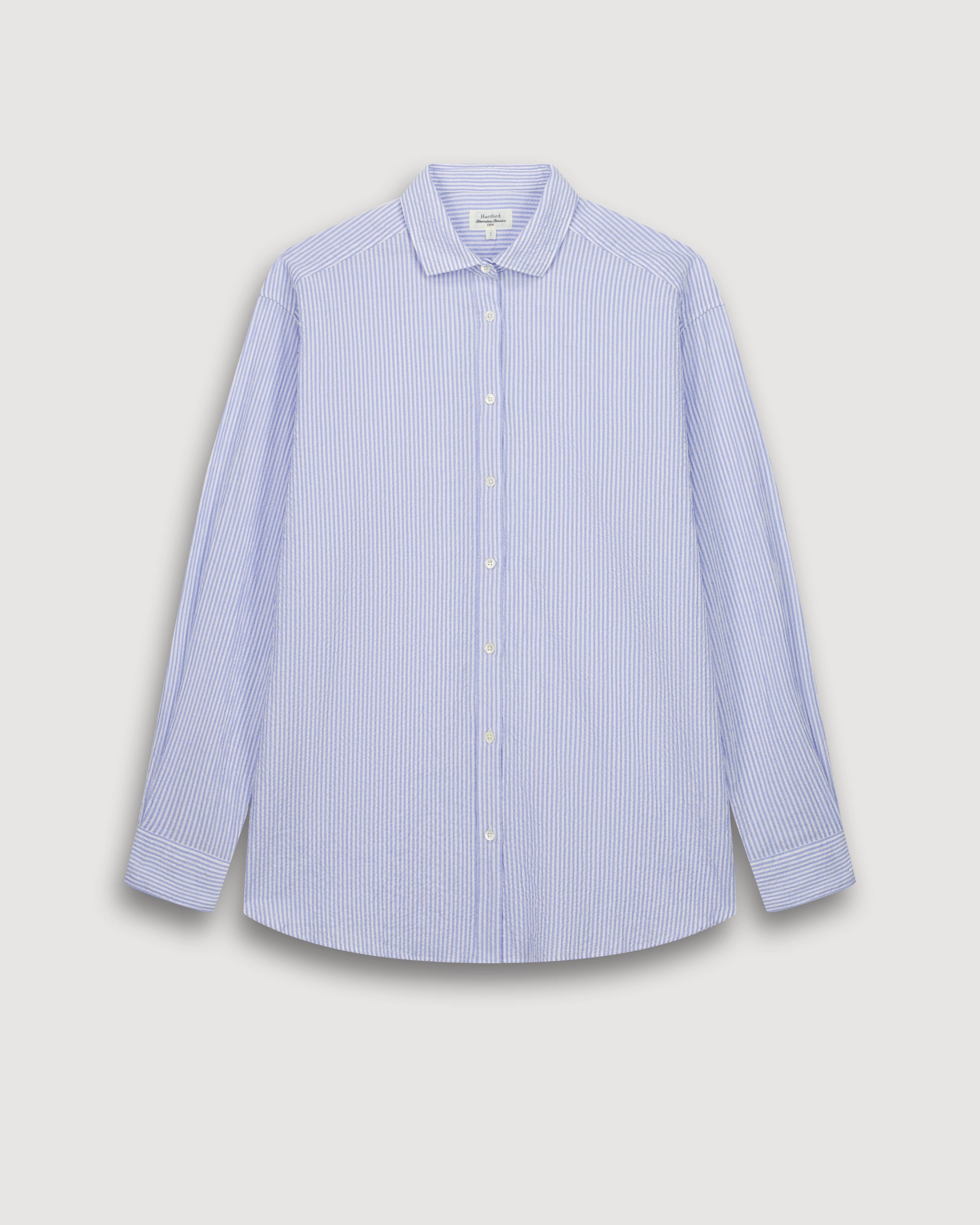 Camicia da donna in cotone seersucker bianco e blu Charlot