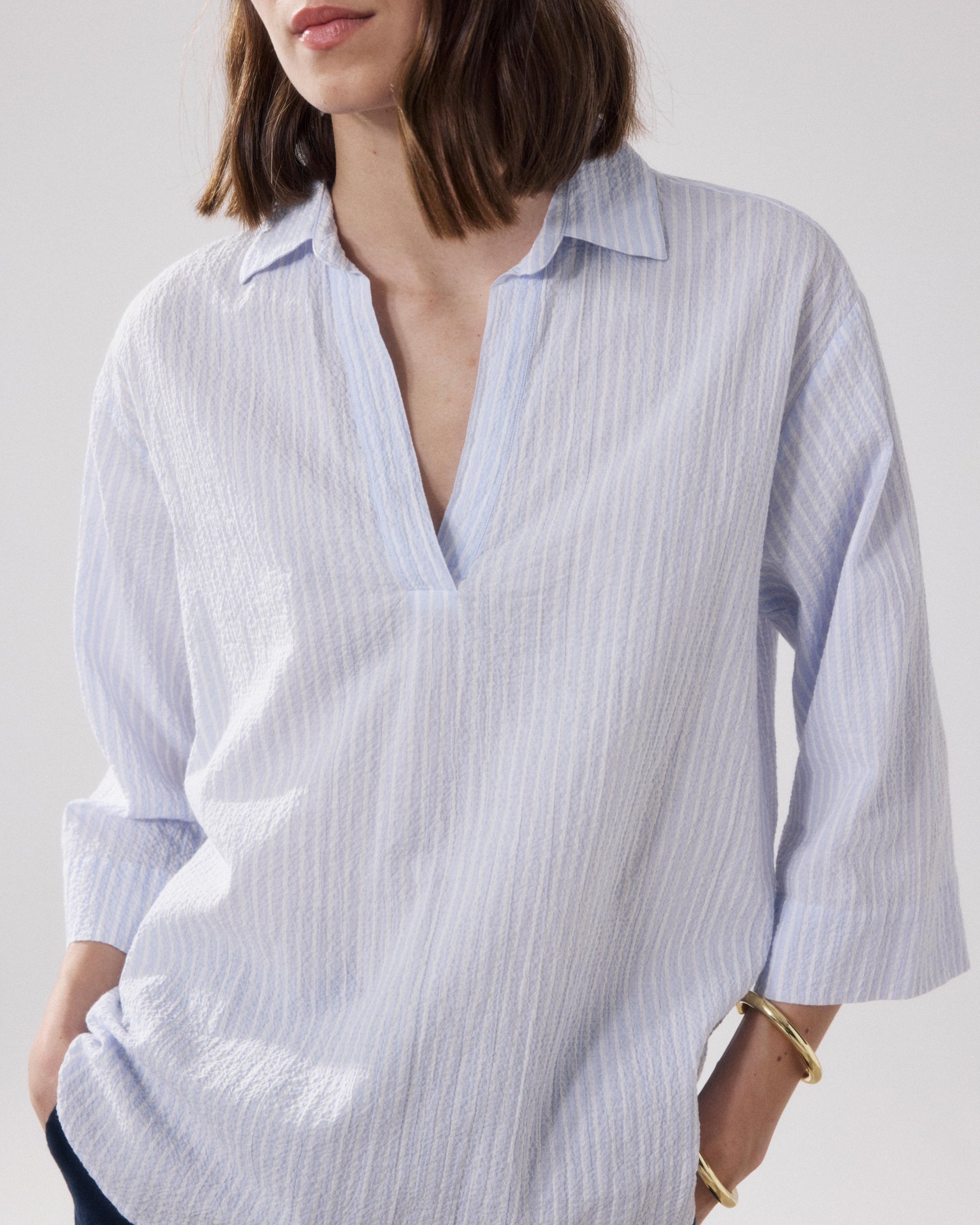 Chemise Femme en Seersucker Blanc & Bleu Cola