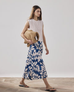 Jupe Femme en Coton Imprimé Feuilles Blanc & Bleu Joyce