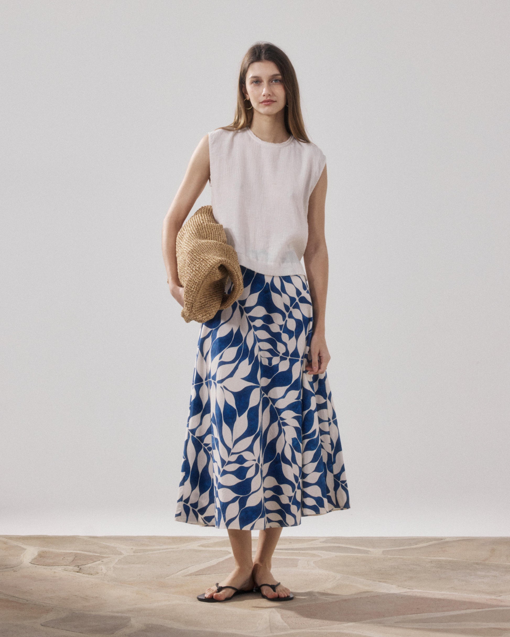 Jupe Femme en Coton Imprimé Feuilles Blanc & Bleu Joyce