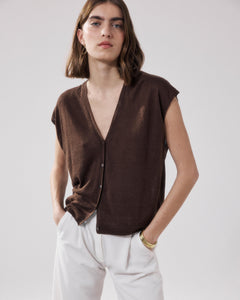 Gilet Femme en Lin Marron Mounia