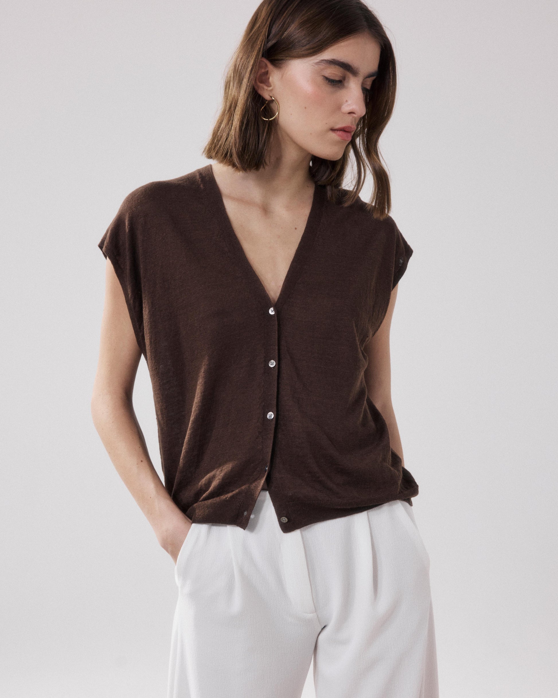 Gilet Femme en Lin Marron Mounia