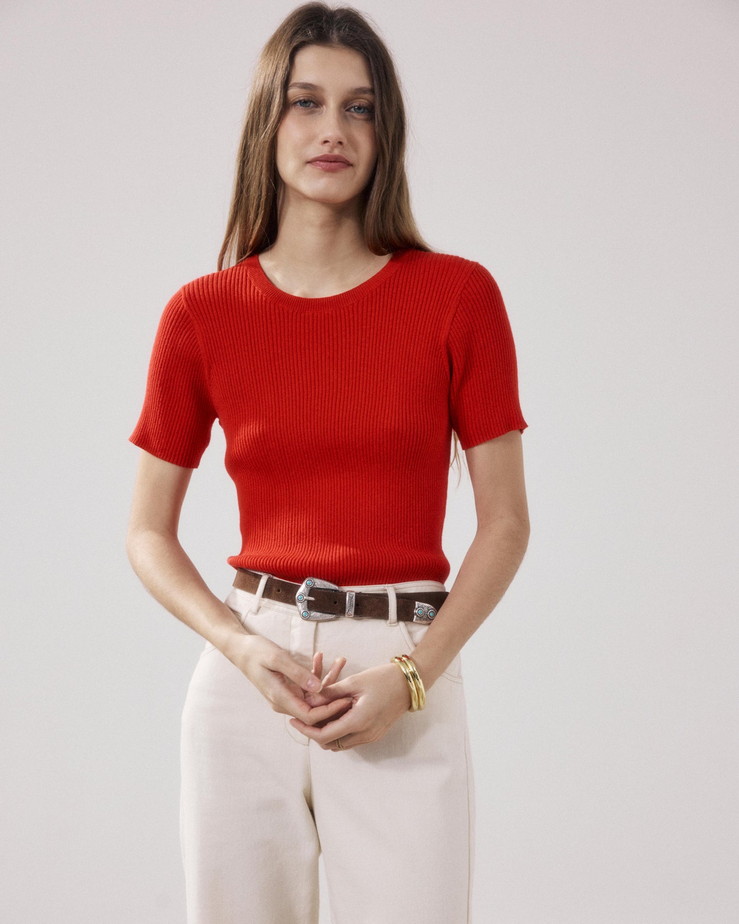Pull Femme en Coton & Soie Côtelé Rouge Marty
