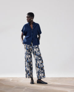 Pantalon Femme en Coton Imprimé Beige & Bleu Palerme
