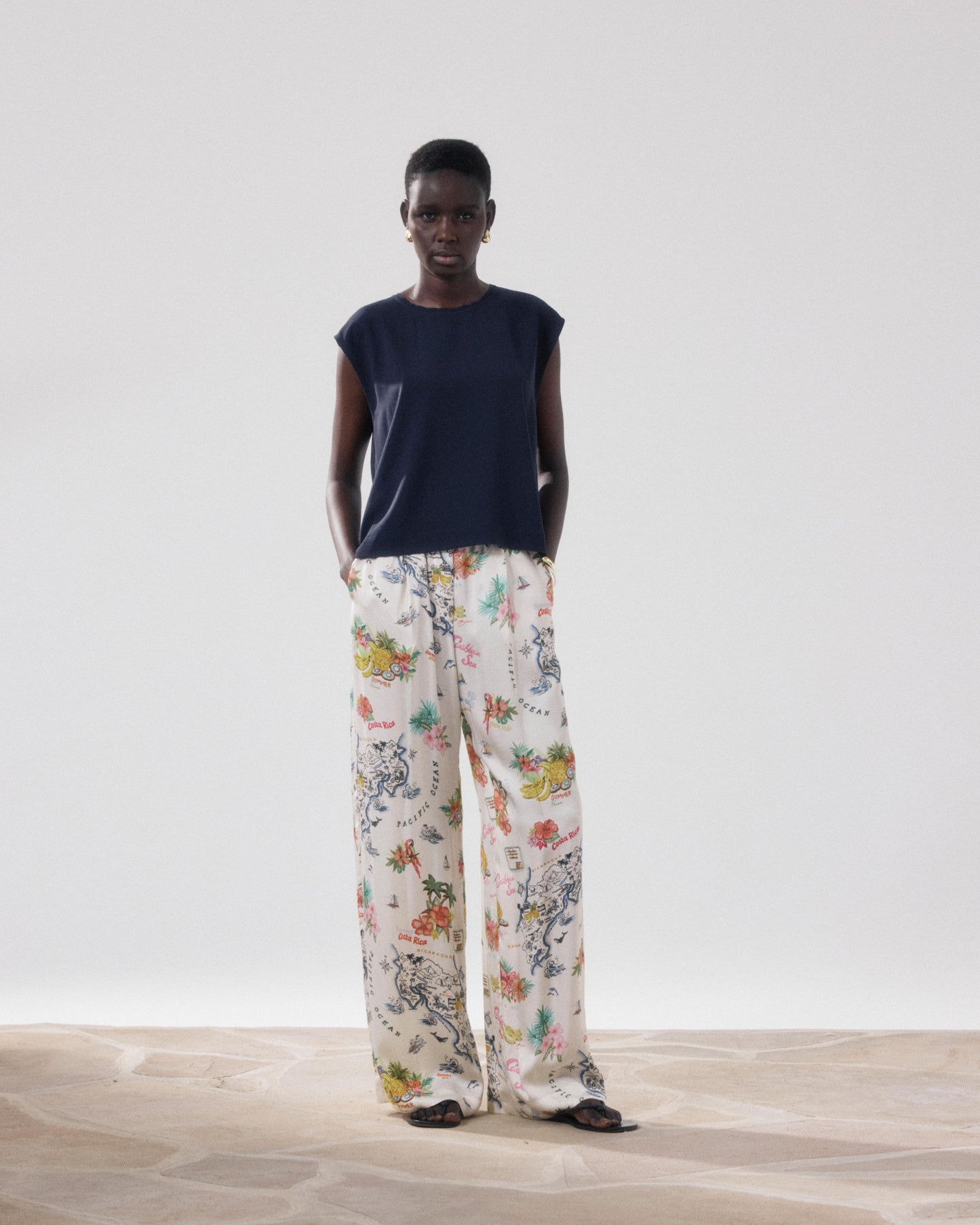Pantalon Femme en Viscose Ecru & Multicouleur Paysage