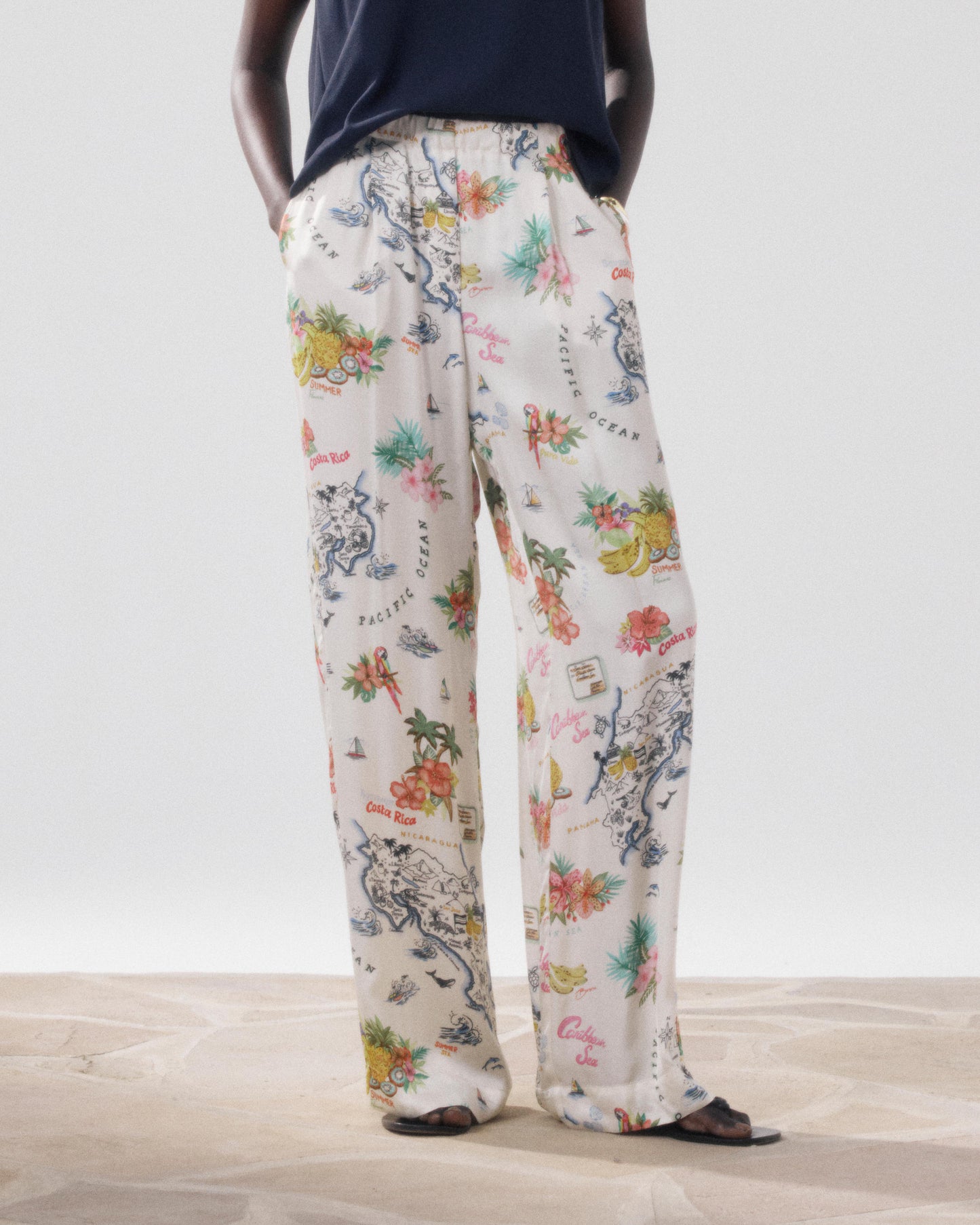 Pantalon Femme en Viscose Ecru & Multicouleur Paysage