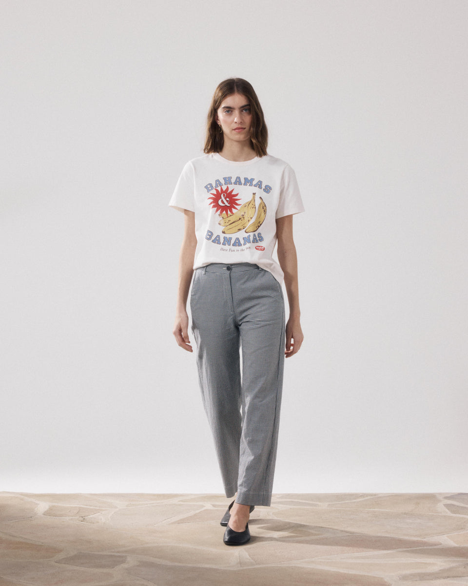 Pantalon Femme en Coton Imprimé Carreaux Vichy Beige & Bleu Marine Perf - Image principale