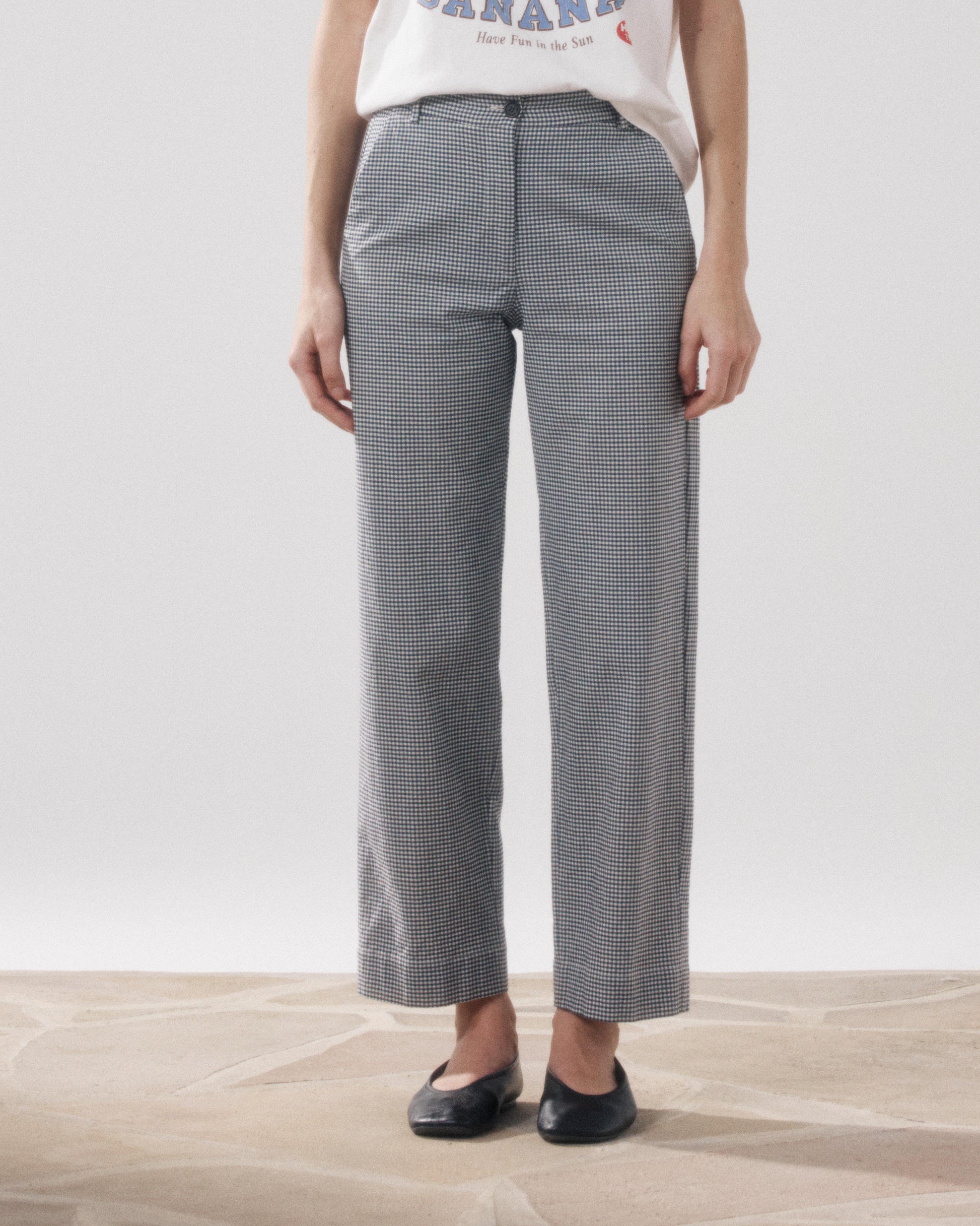 Pantalon Femme en Coton Imprimé Carreaux Vichy Beige & Bleu Marine Perf