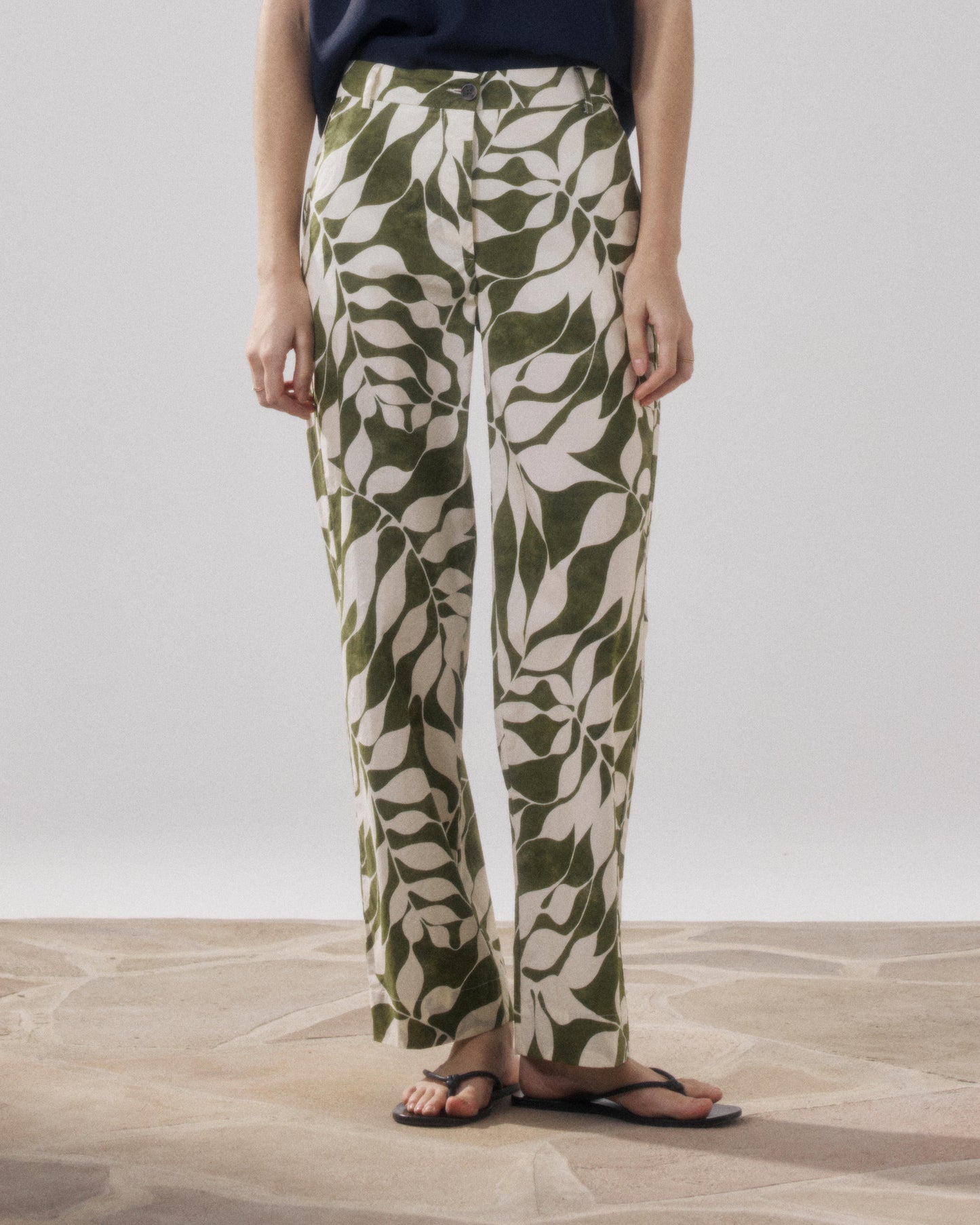 Pantalon Femme en Coton Imprimé Feuilles Blanc & Beige Perf