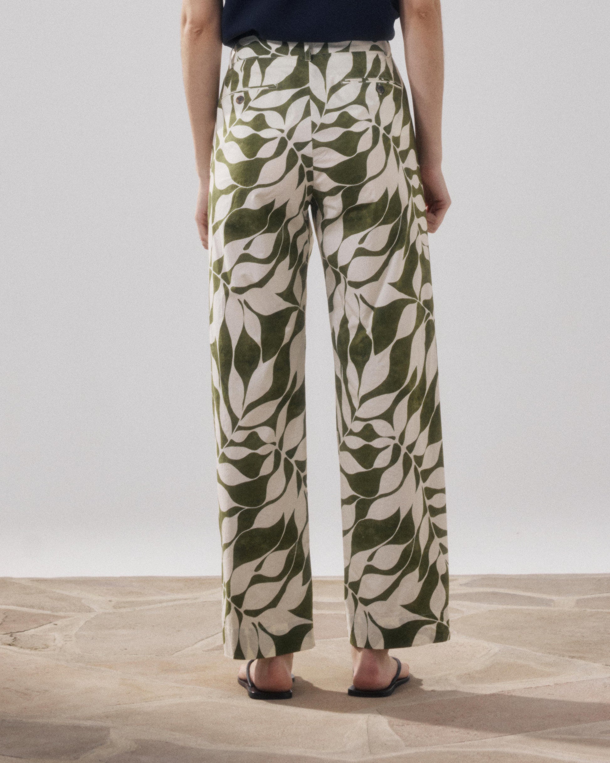 Pantalon Femme en Coton Imprimé Feuilles Blanc & Beige Perf