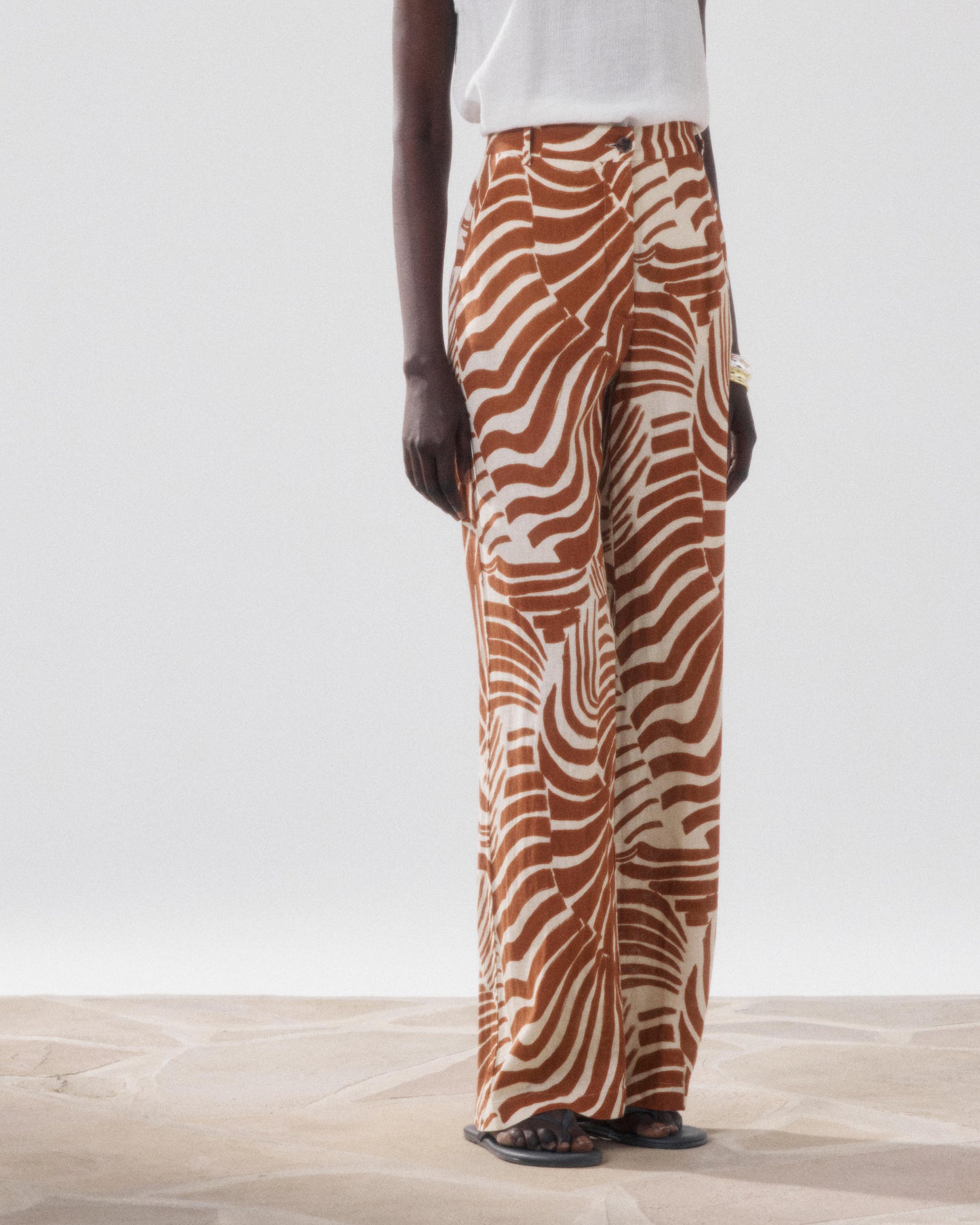 Pantalon Femme en Lin & Viscose Imprimé Ecru & Marron Positano