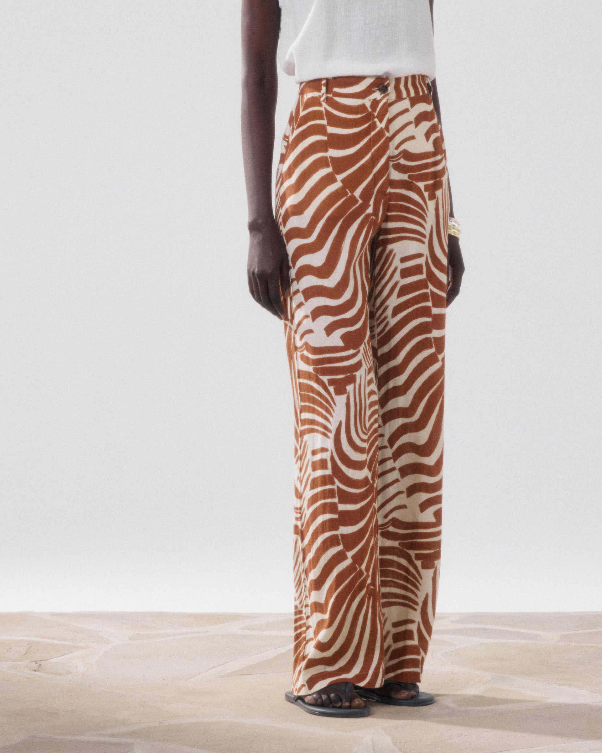 Pantalon Femme en Lin & Viscose Imprimé Ecru & Marron Positano