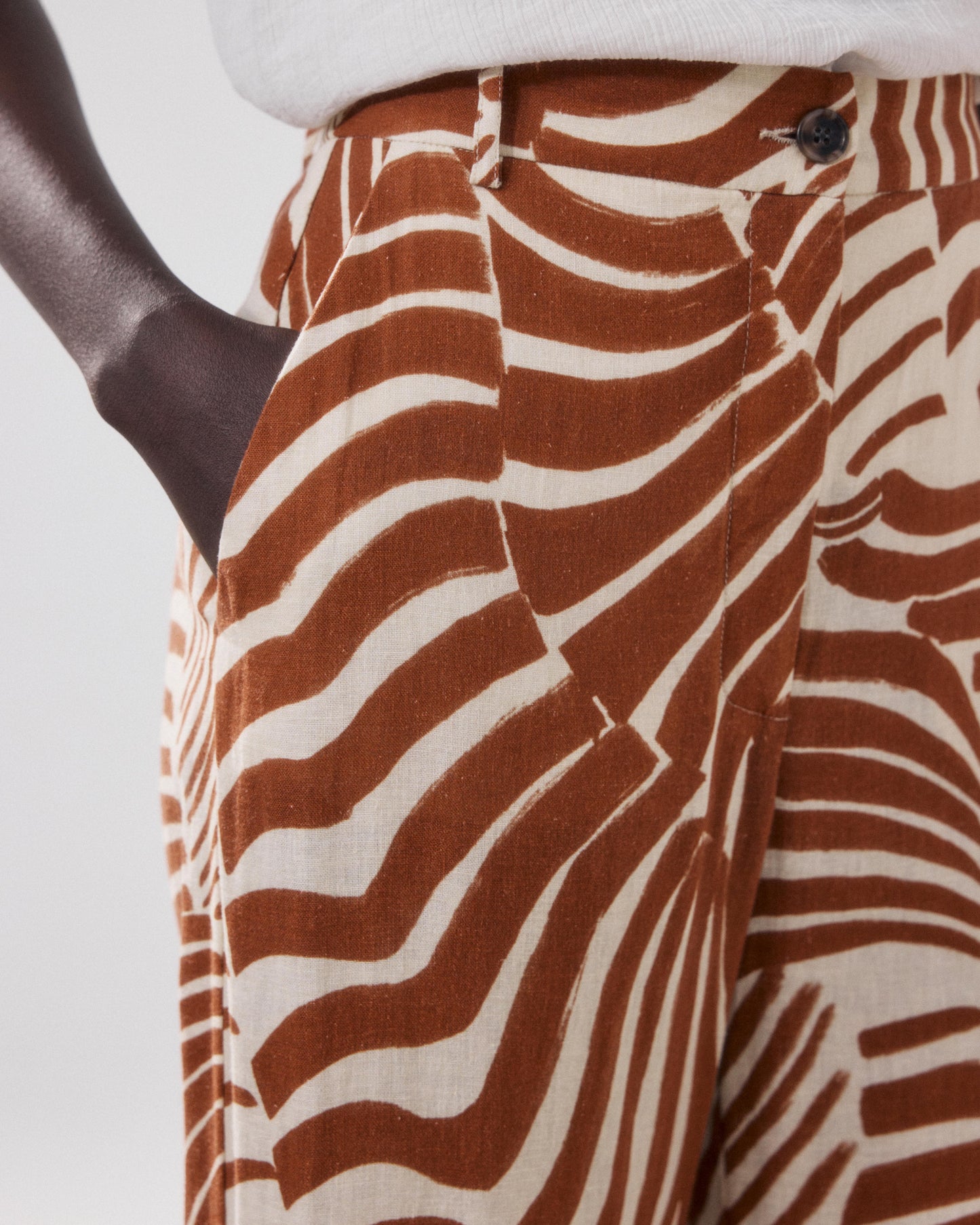Pantalon Femme en Lin & Viscose Imprimé Ecru & Marron Positano