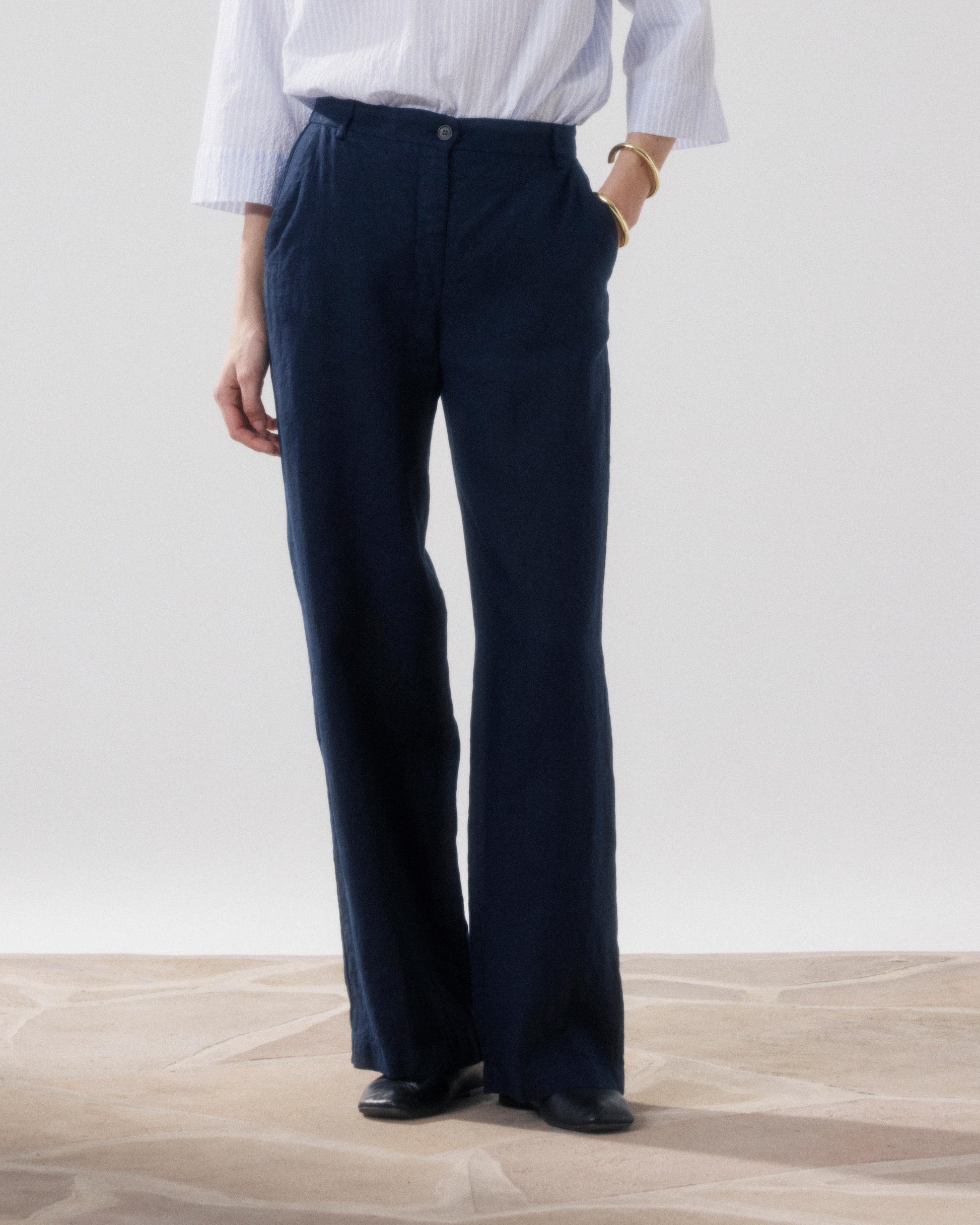 Pantalon Femme en Lin Bleu Nuit Positanon