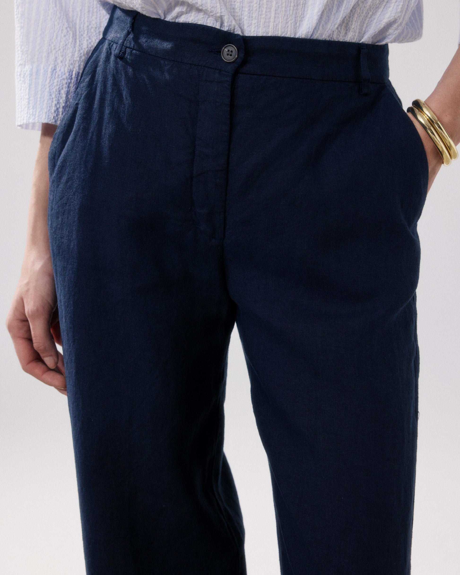 Pantalon Femme en Lin Bleu Nuit Positanon