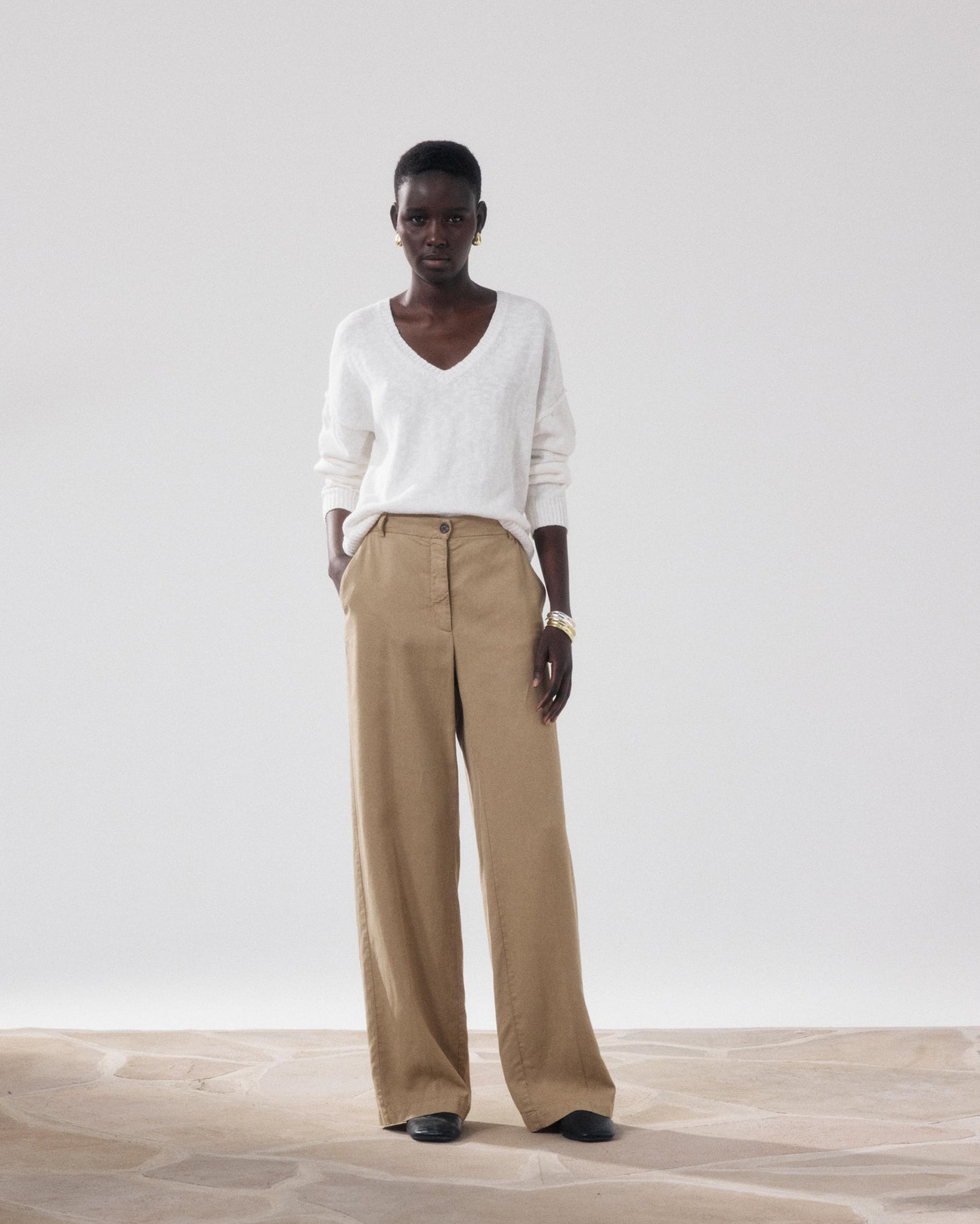 Pantalon Femme en Lyocell & Lin Beige Positanon