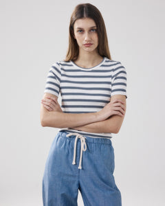 T-Shirt Femme en Coton Côtelé Ecru & Bleu Marine Telopea