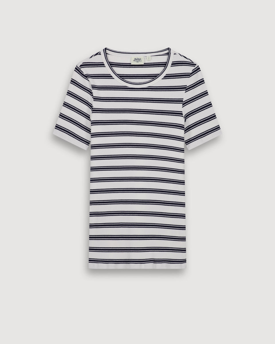 T-Shirt Femme en Coton Côtelé Ecru & Bleu Marine Telopea - Image 3