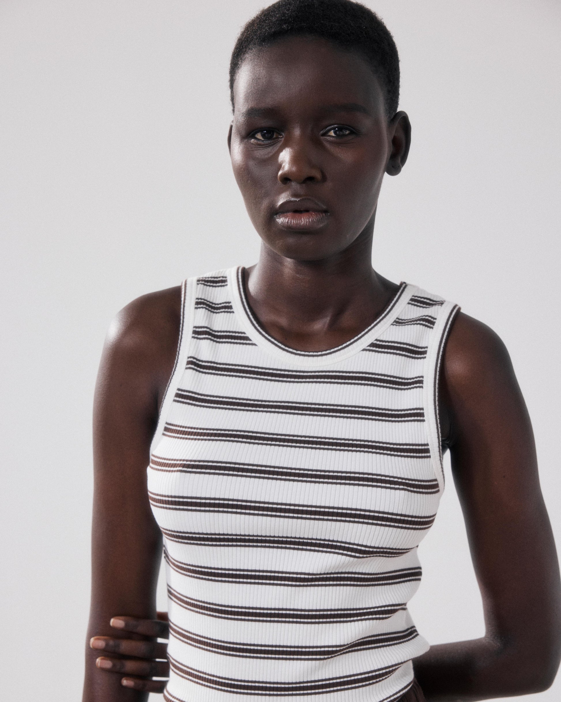 Camiseta sin mangas para mujer de Algodón Acanalado crudo y marrón Terrya BFQE506-03