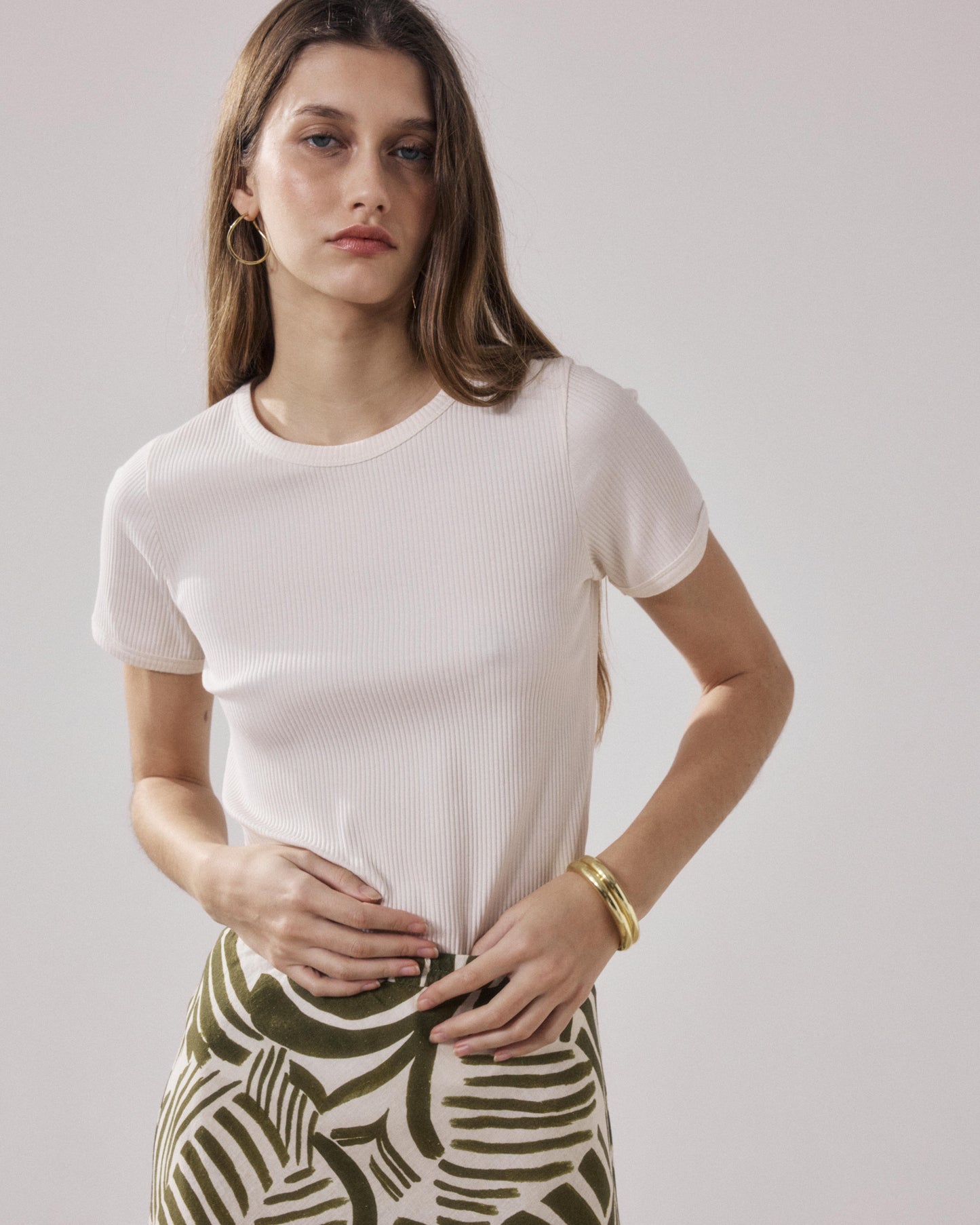 T-Shirt Femme en Coton Côtelé Ecru Tesoel