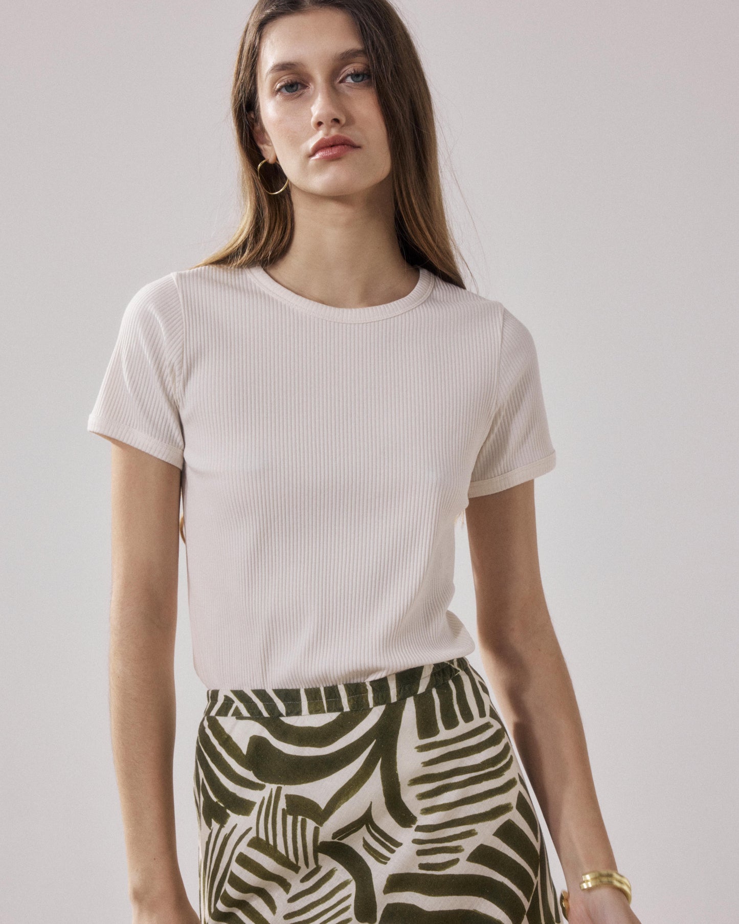 T-Shirt Femme en Coton Côtelé Ecru Tesoel