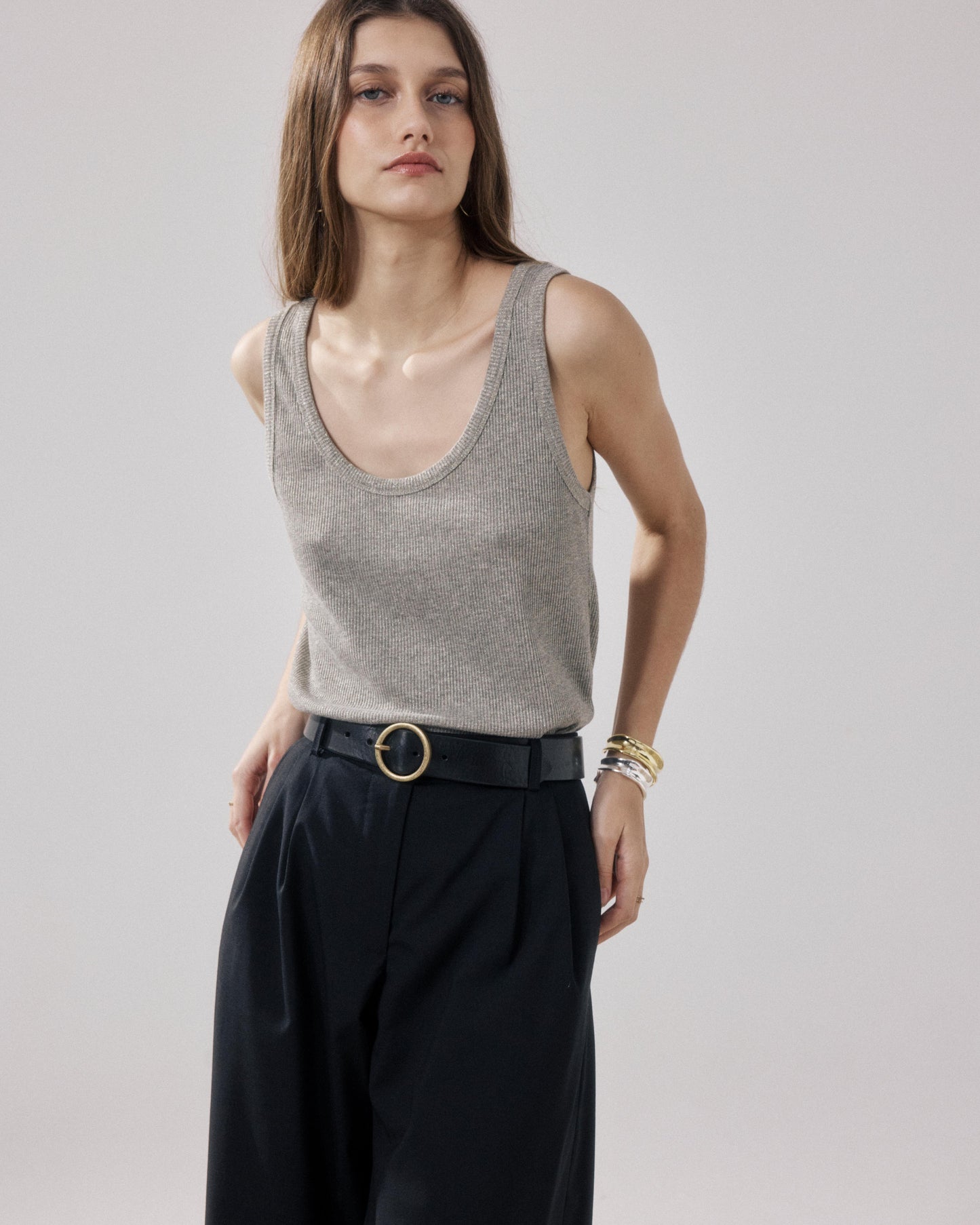 Women's Beige Ribbed Lurex & Viscose T-Shirt by Teloa