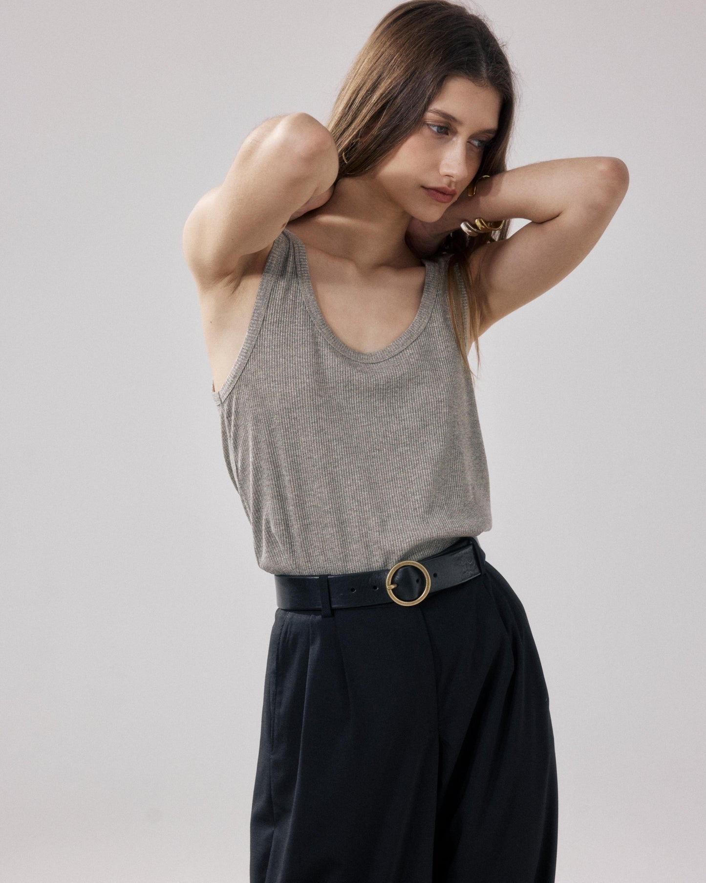 Women's Beige Ribbed Lurex & Viscose T-Shirt by Teloa