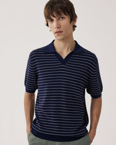 Polo da uomo in maglia di cotone goffrato a righe blu BFR1316-01
