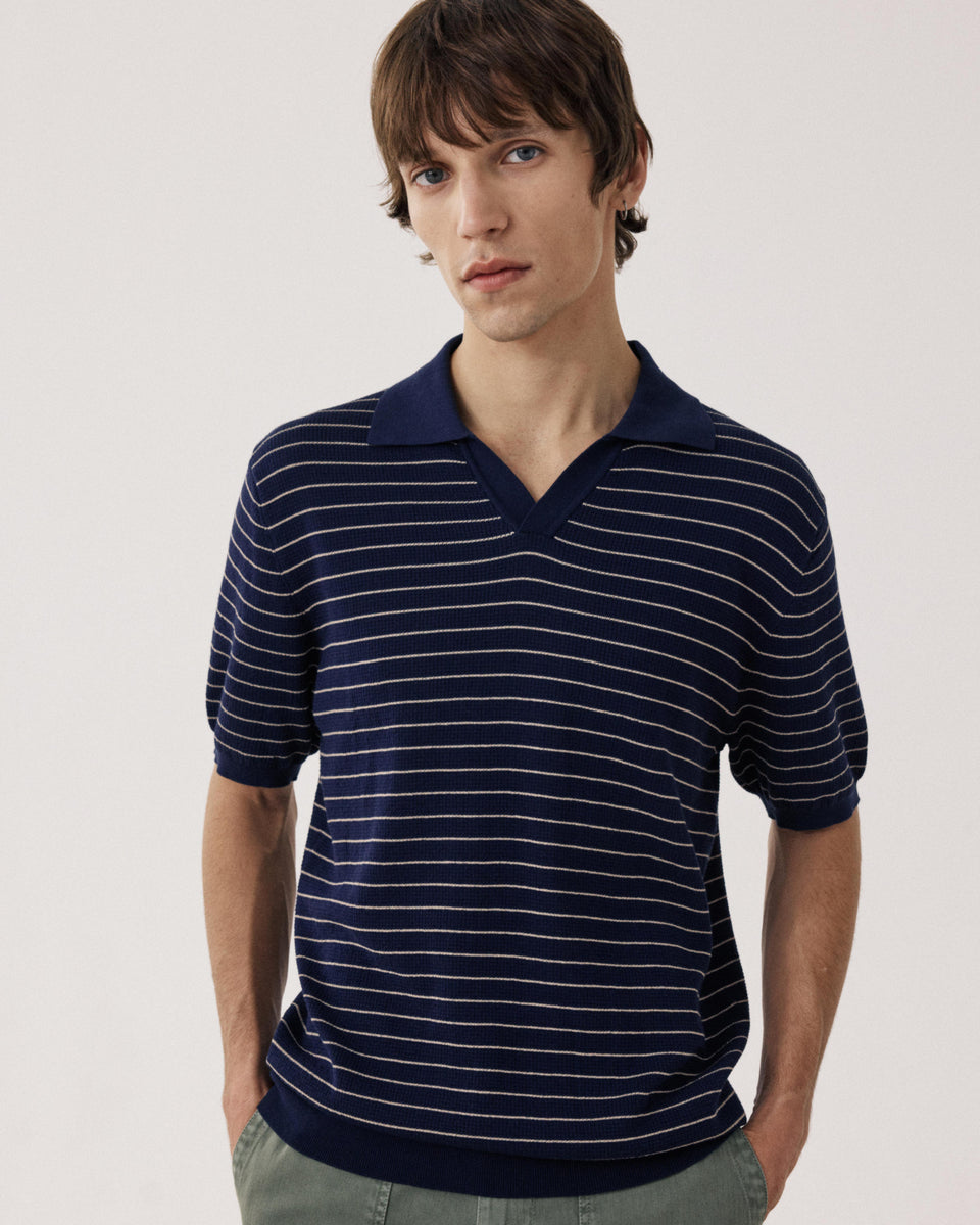 Polo Homme en maille de coton gaufré à rayures Bleu - Image principale