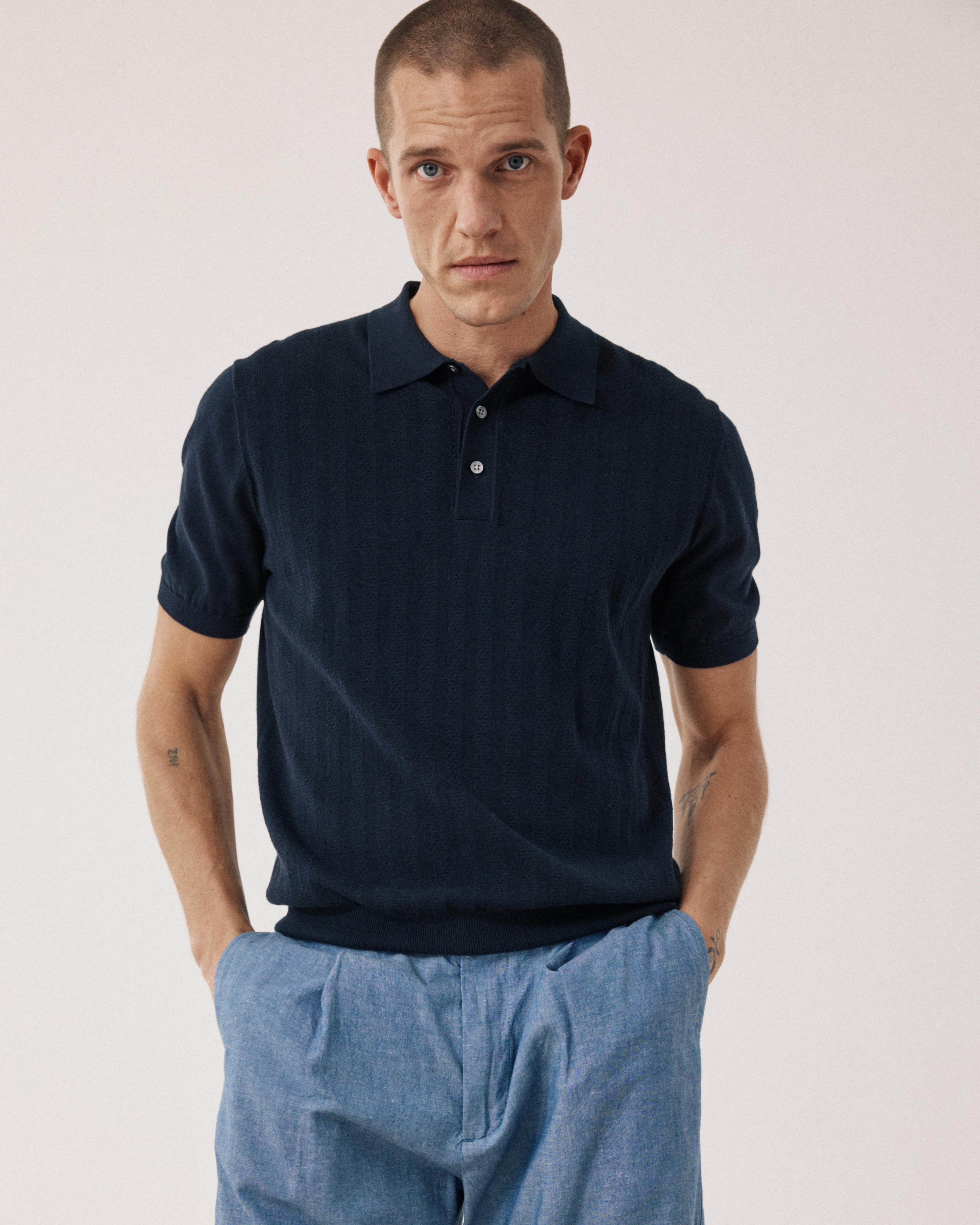 Polo de punto retro para hombre Azul noche BFR4318-02
