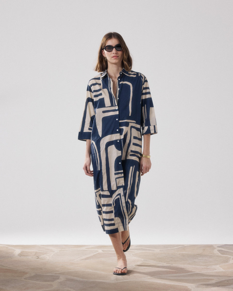 Robe Femme en Coton Imprimé Beige & Bleu Reflexion - Image principale