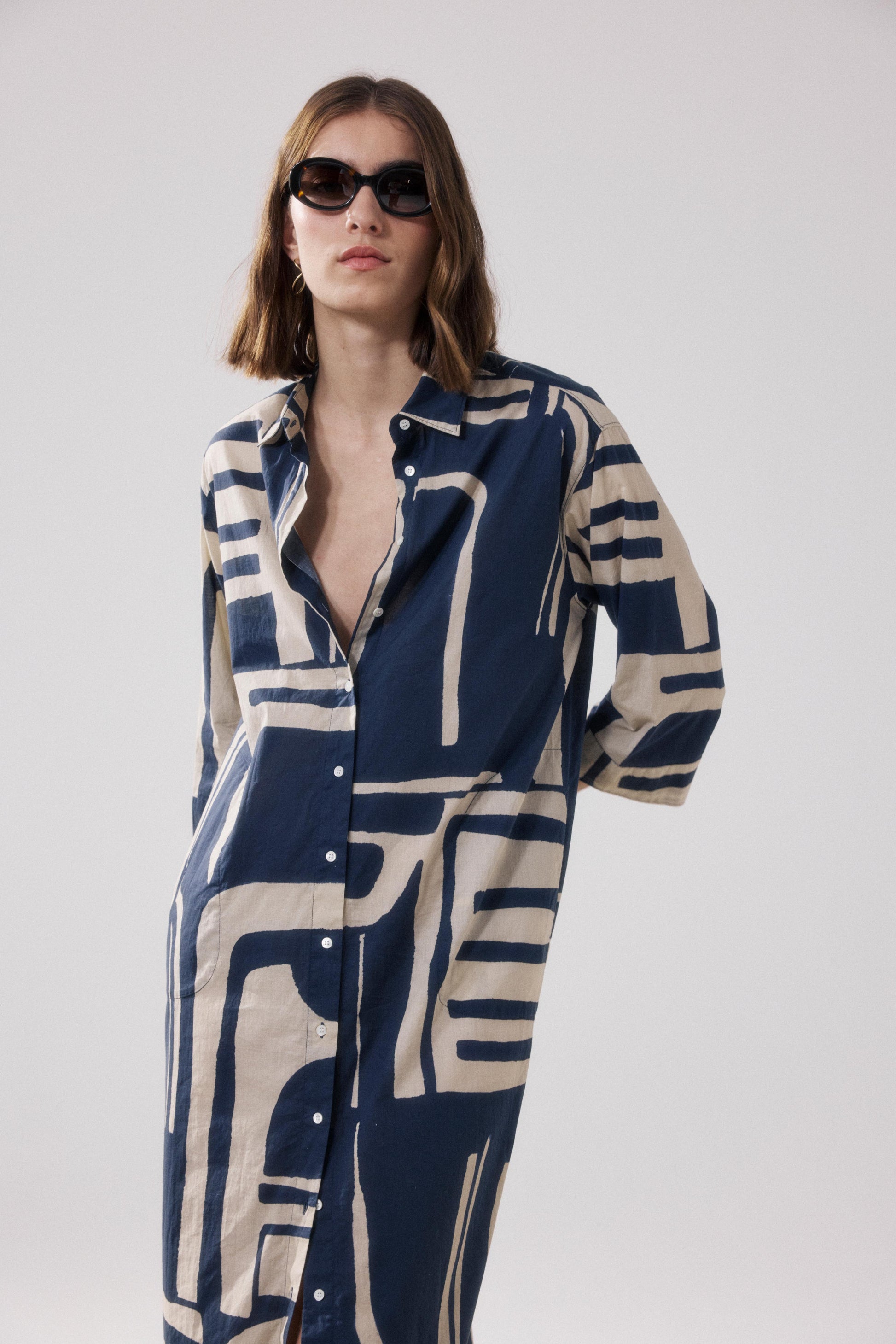 Robe Femme en Coton Imprimé Beige & Bleu Reflexion