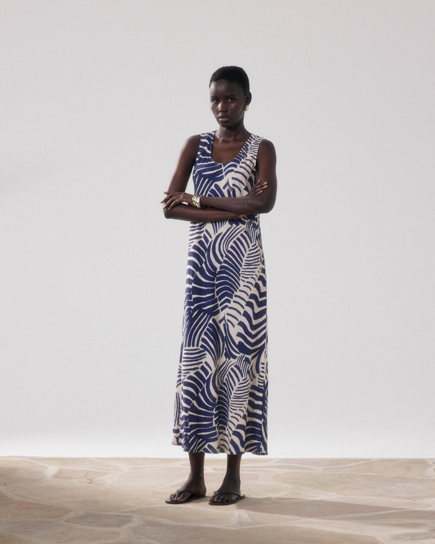 Damesjurk van linnen en Viscose met Print in beige en blauw Rosabeth
