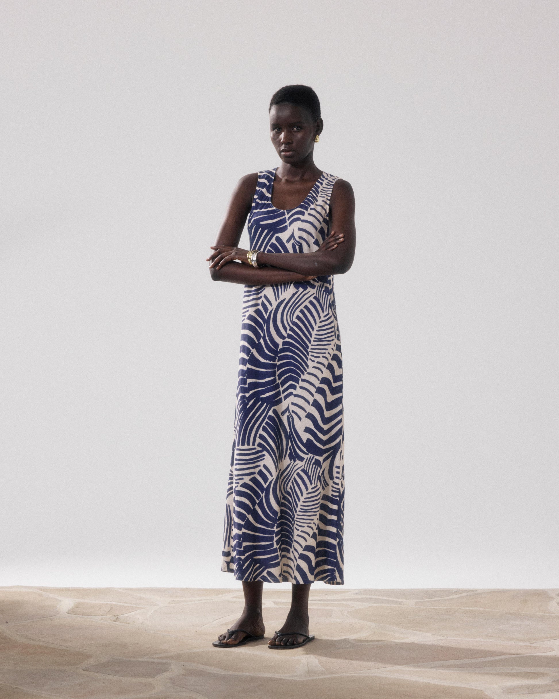 Damesjurk van linnen en Viscose met Print in beige en blauw Rosabeth