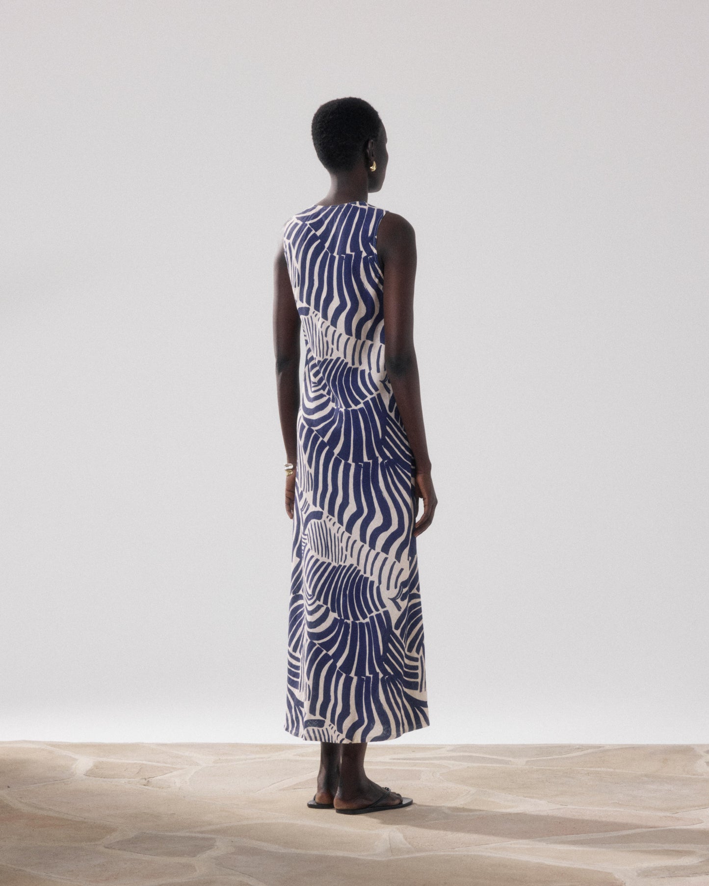 Damesjurk van linnen en Viscose met Print in beige en blauw Rosabeth