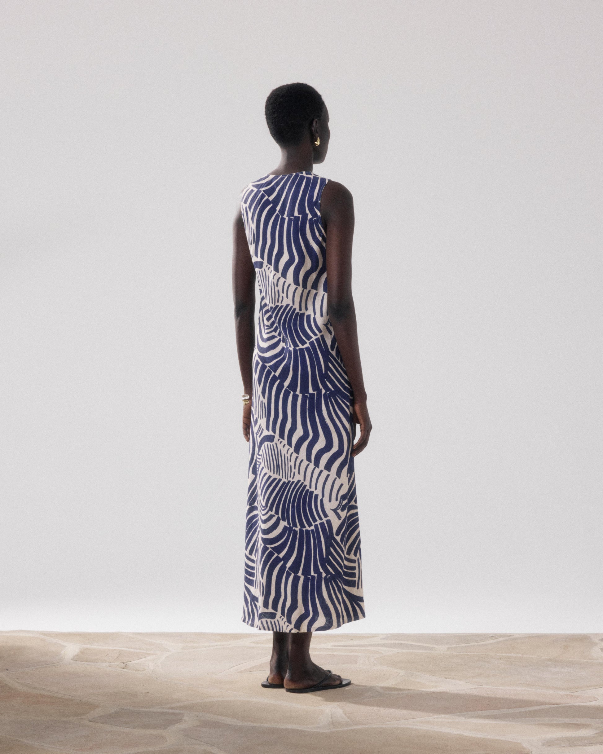 Damesjurk van linnen en Viscose met Print in beige en blauw Rosabeth
