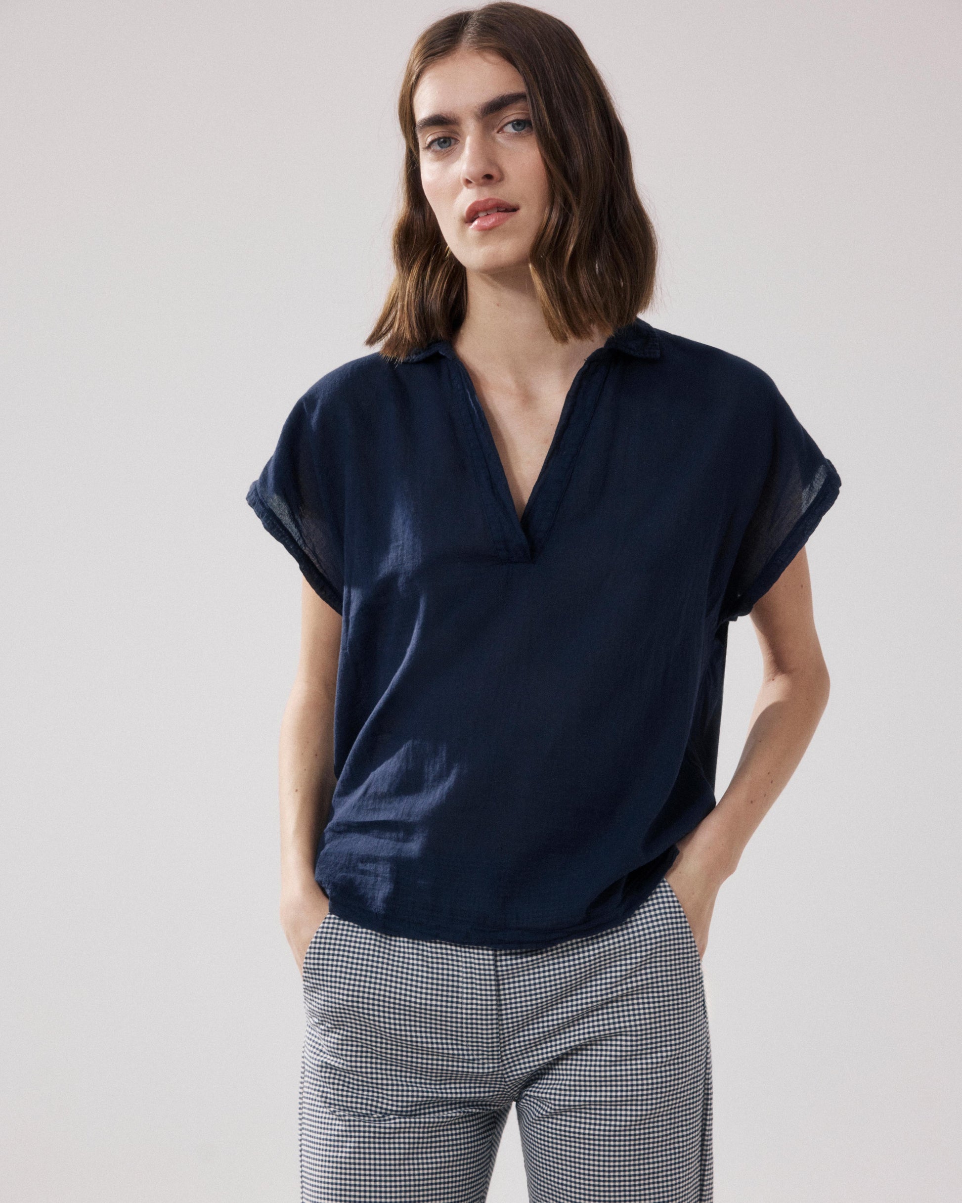 Women's Bi-fabric Cotton T-shirt in Midnight Blue Tuggen BFTA500-11