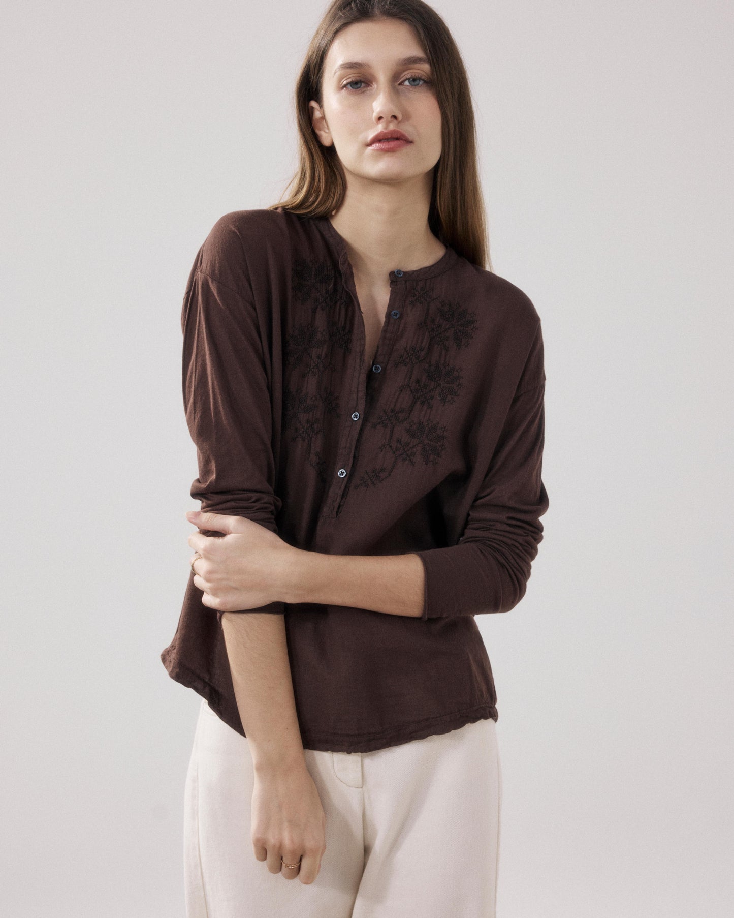 T-Shirt Femme en Coton Bi-Matière Marron Tuanne