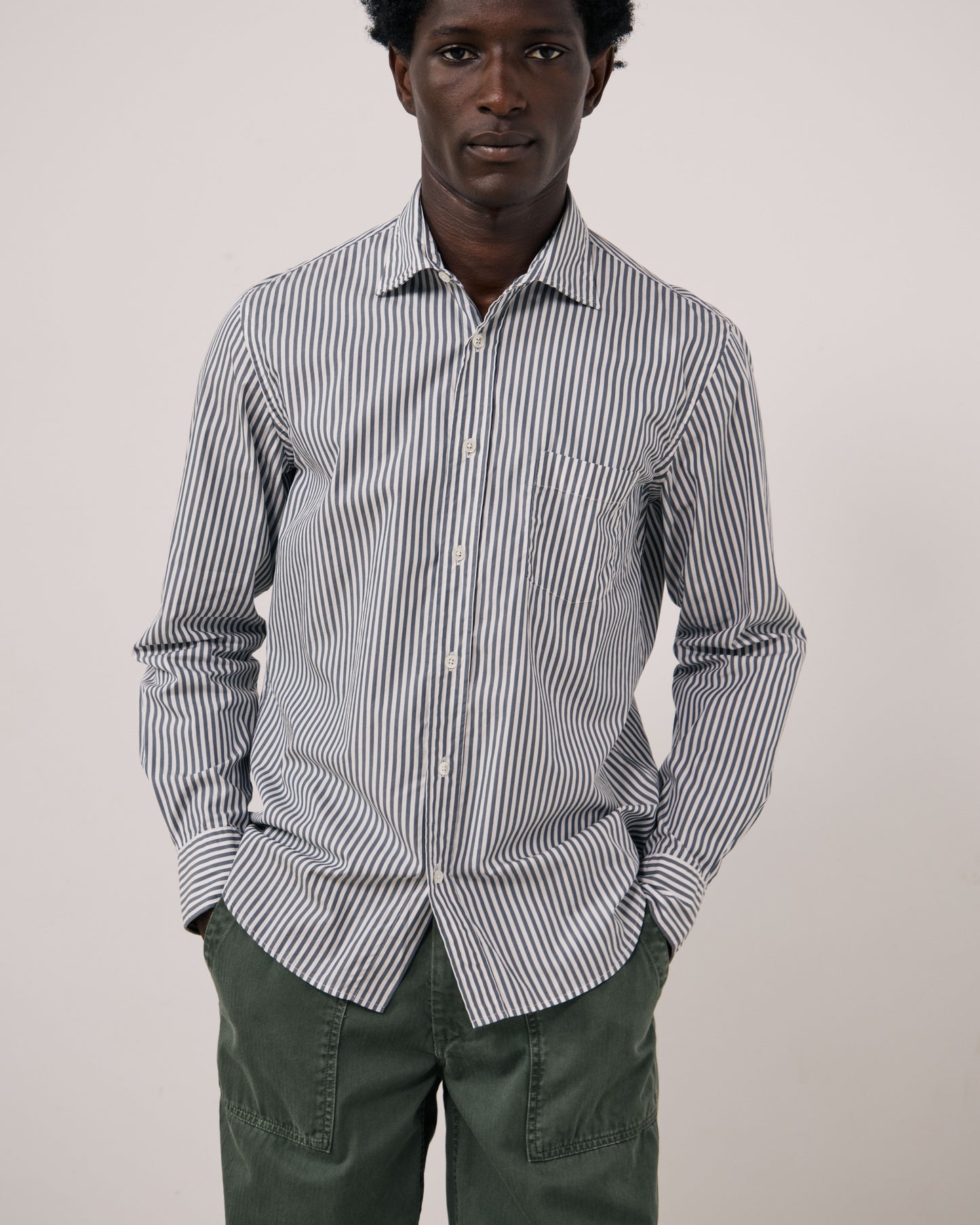 Chemise Homme en Popeline à Rayures Vert de gris Paul