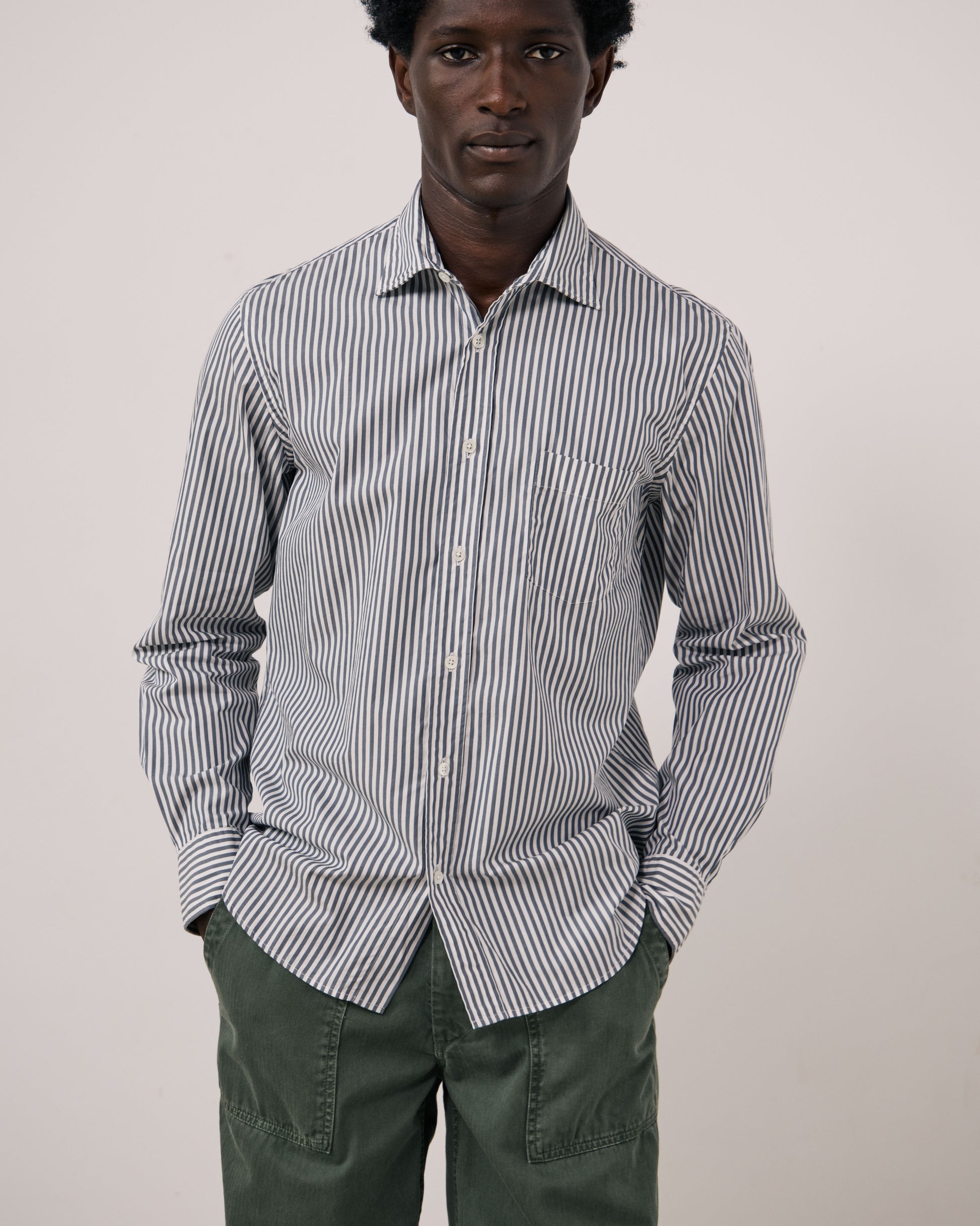 Chemise Homme en Popeline à Rayures Vert de gris Paul