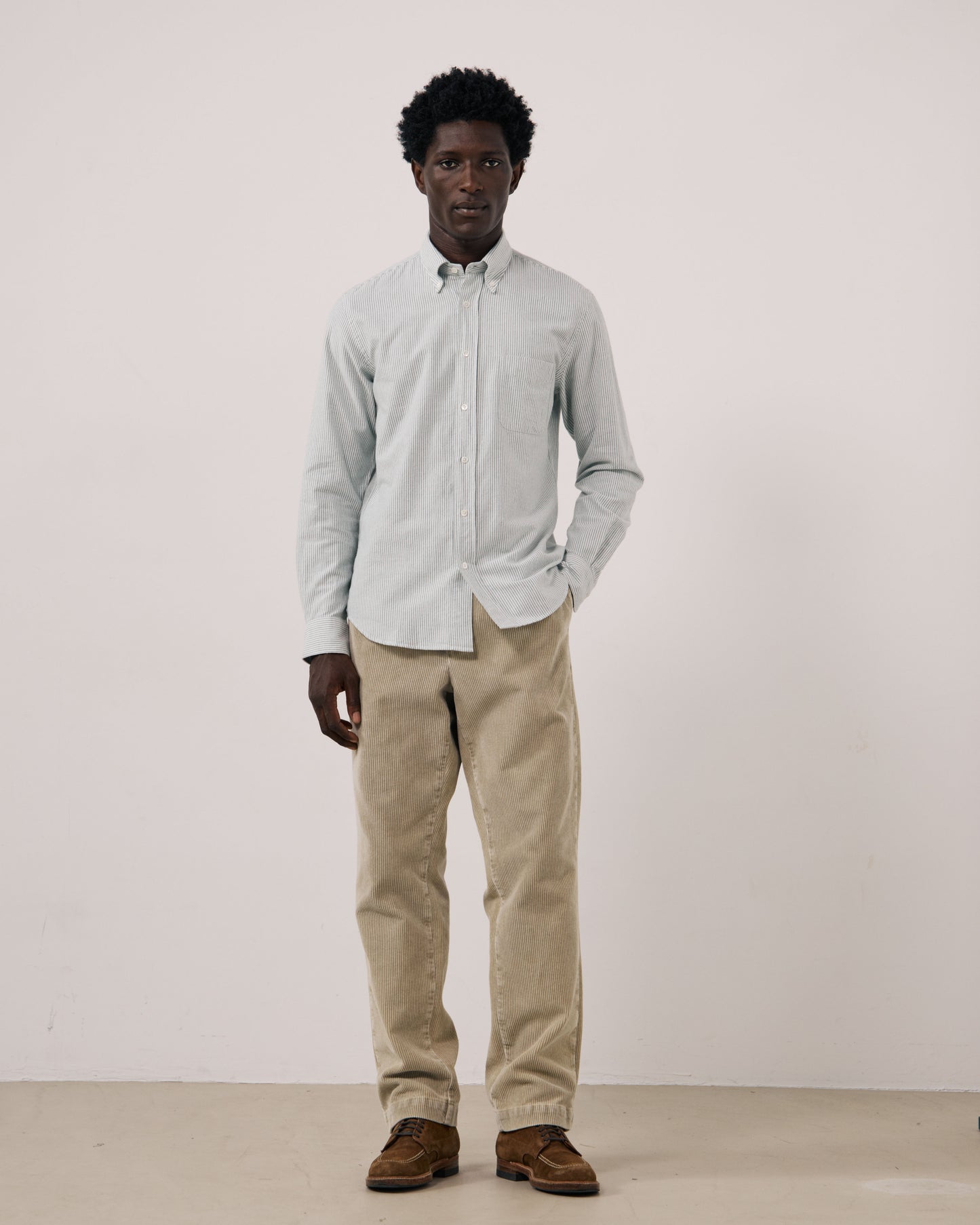 Chemise Homme en Oxford Brossé à Rayures Vert Pitt