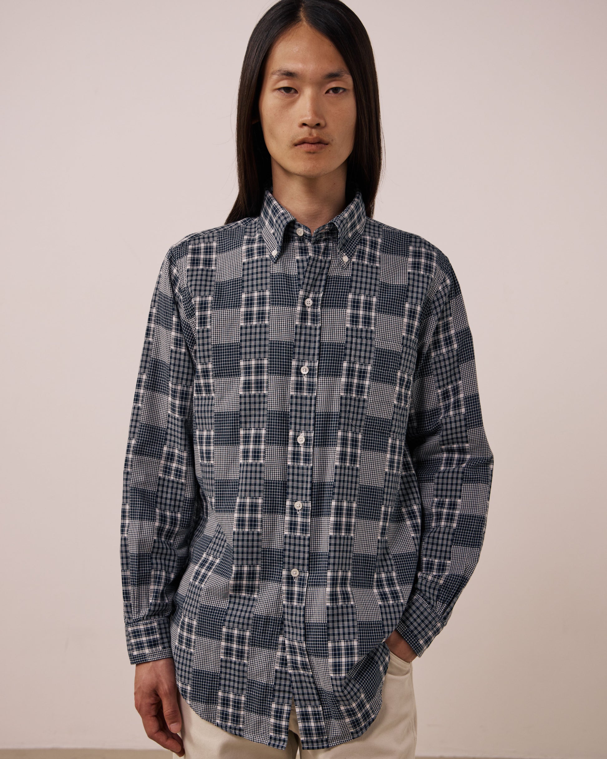 Chemise Homme en Coton Patchwork à Carreaux Carbone Ocbd