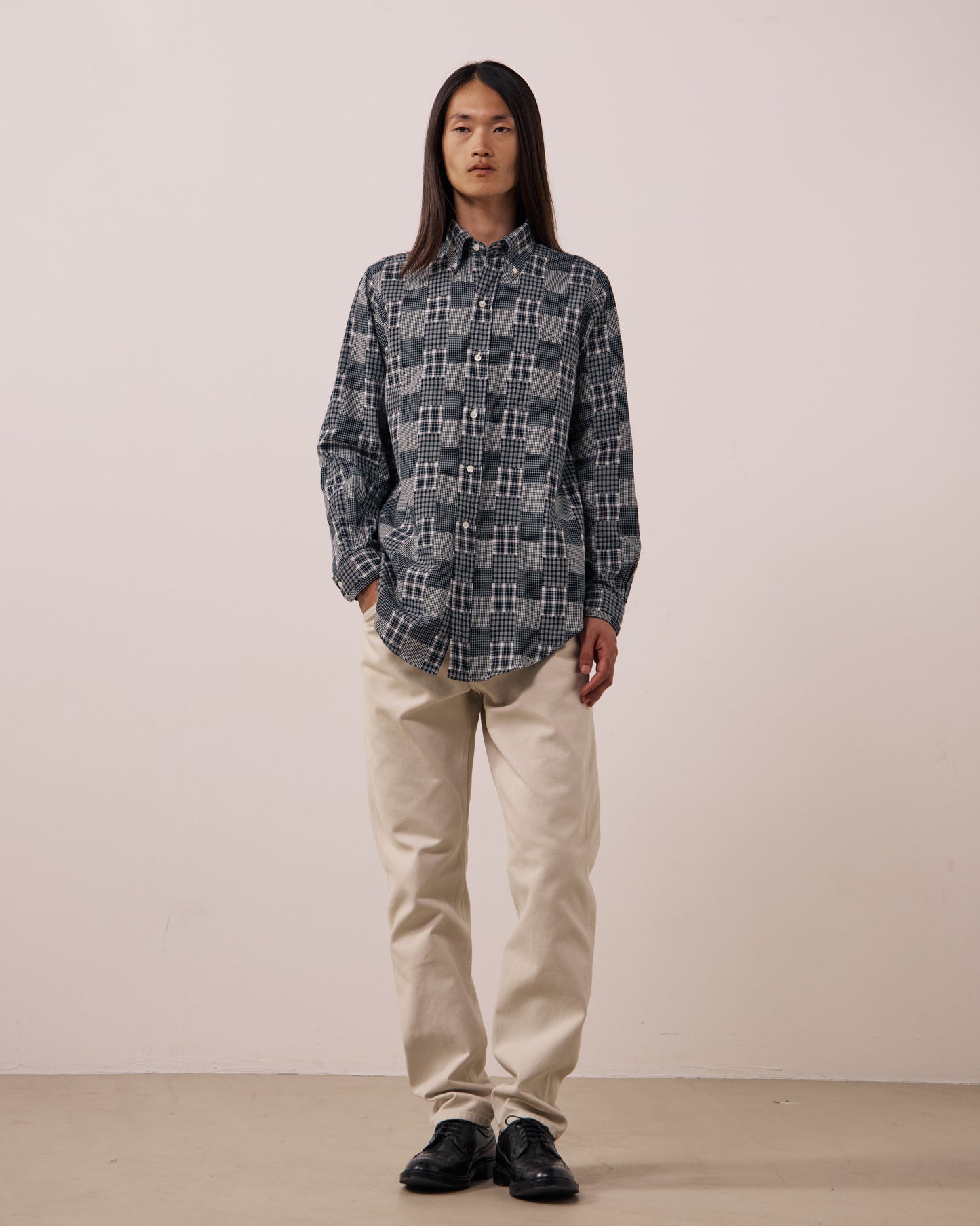 Chemise Homme en Coton Patchwork à Carreaux Carbone Ocbd