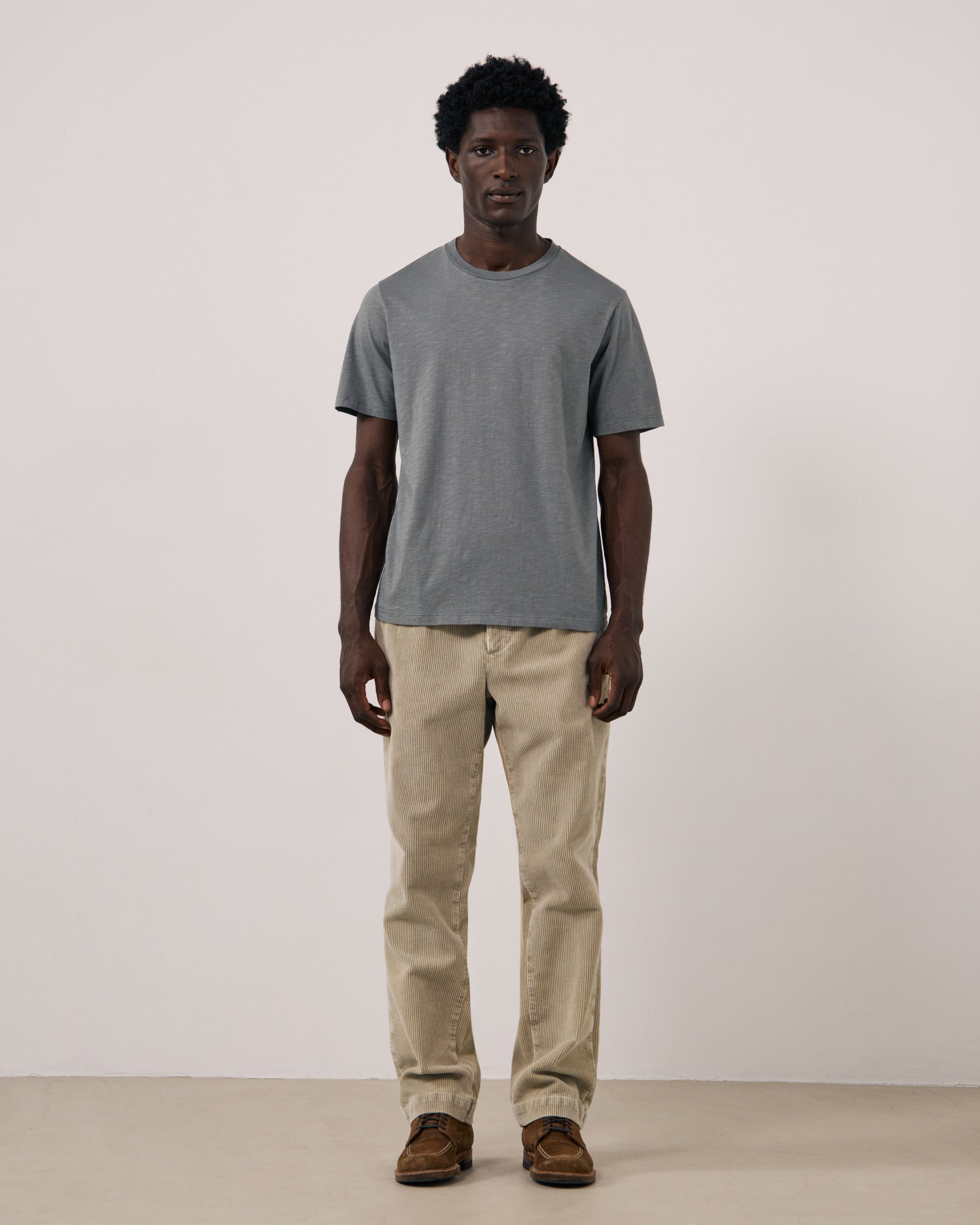T-shirt Homme en Coton Slub Vert de gris Crew