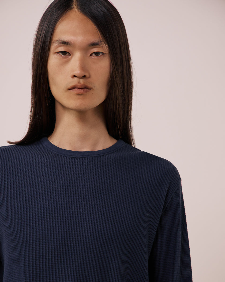 T-shirt Homme en Coton Gaufré Bleu Nuit Crew - Image 3