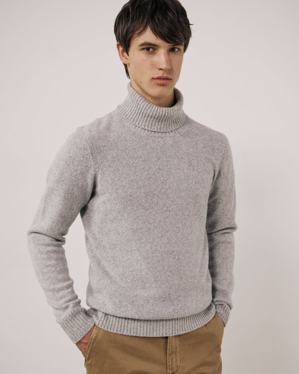Seamless Roll Neck Men's Grey Extra-Fine Merino Wool Sweater - Image principale