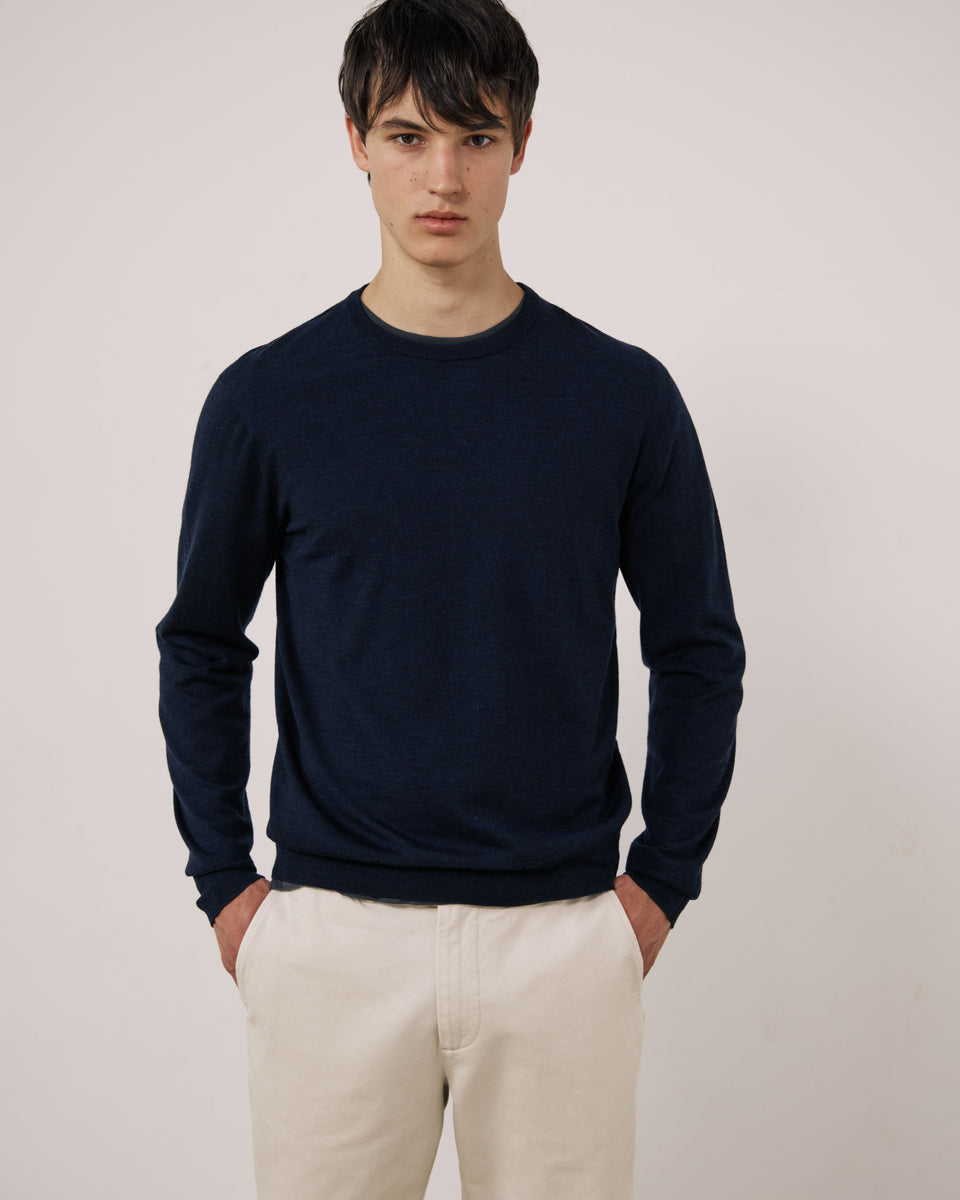 Merino Crew Men's Navy Blue Extra-Fine Wool Sweater - Image principale
